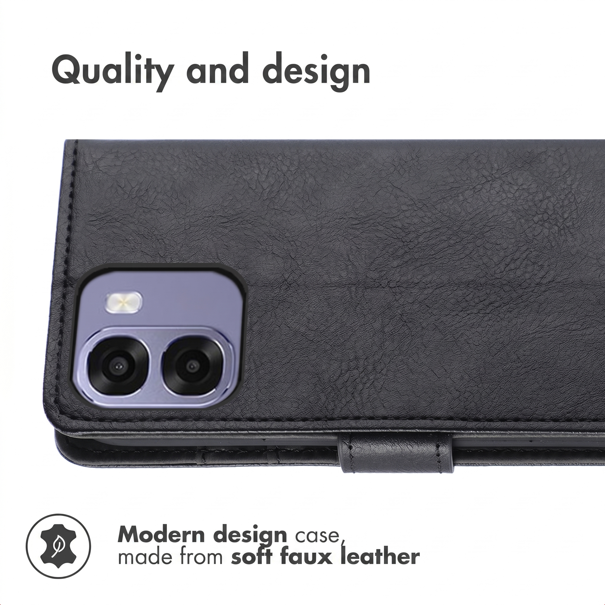 Funda de teléfono de piel sintética negra con recorte de cámara y texto.