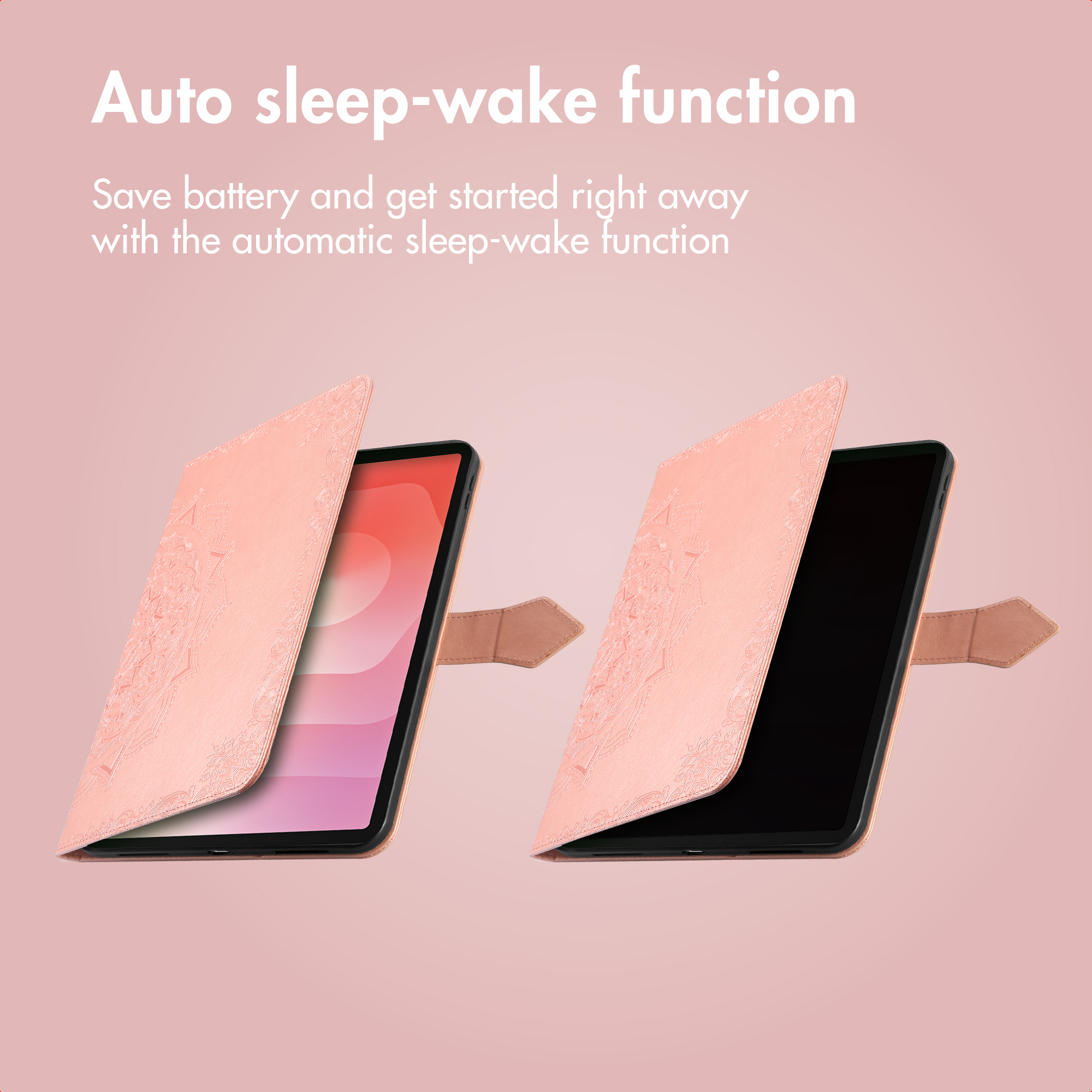 Two pink tablet cases demonstrate the auto sleep-wake function on a pink background.