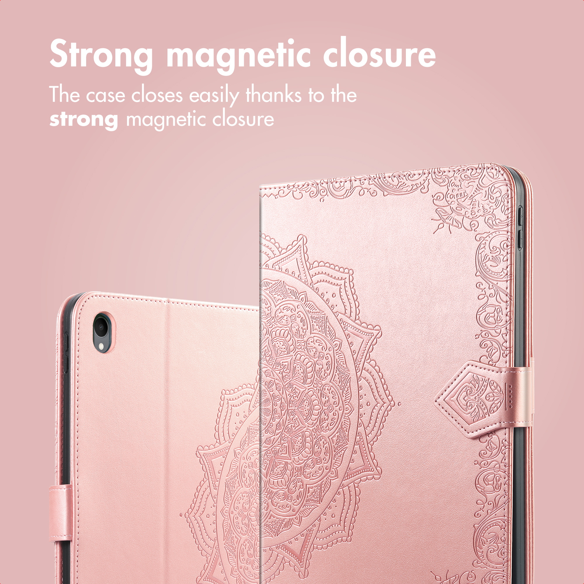 Pink tablet case featuring decorative mandala embossing and a magnetic closure.