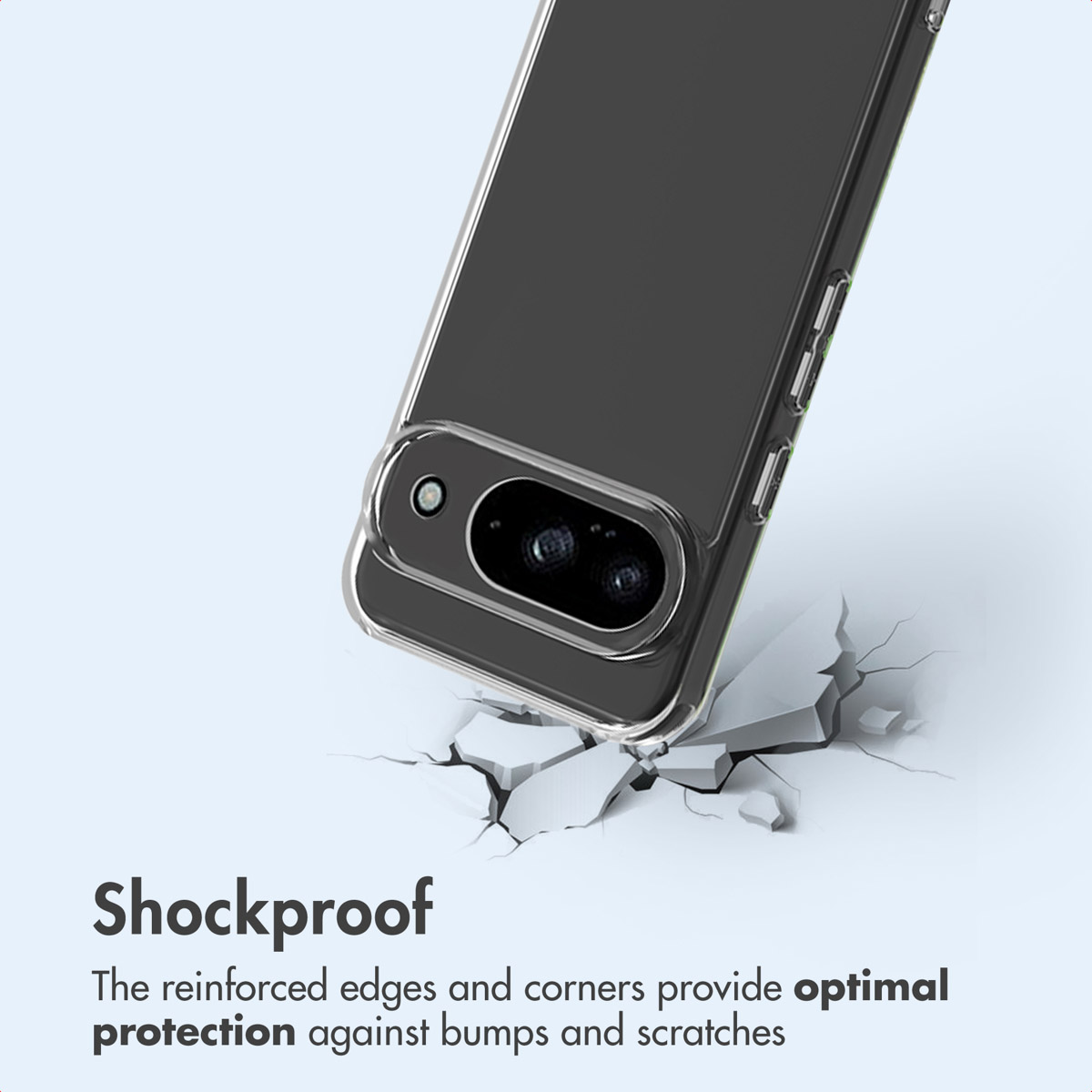 Una custodia protettiva trasparente su uno smartphone che colpisce una superficie incrinata.