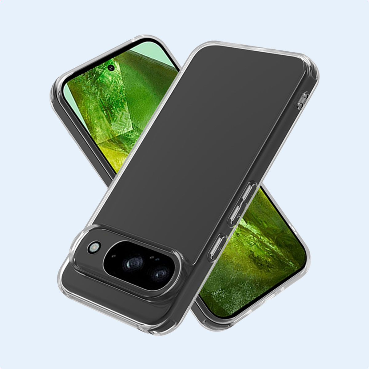 Due smartphone con custodie protettive trasparenti sono incrociati su uno sfondo azzurro.