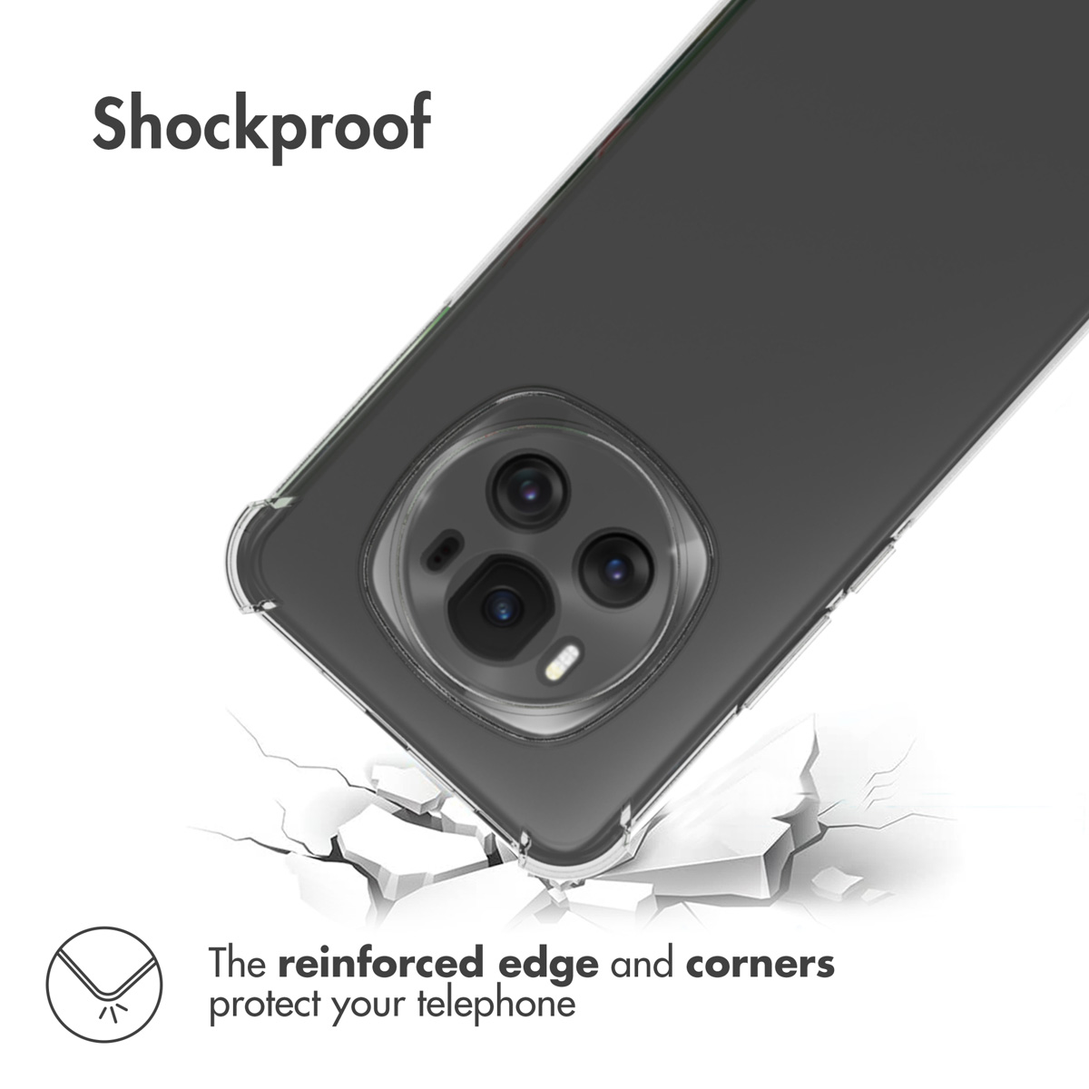 Un teléfono en una funda transparente y antichoque con esquinas reforzadas sobre una superficie agrietada.