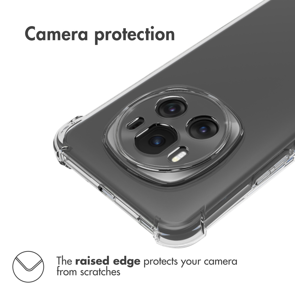 Primer plano de una funda con borde elevado alrededor de la cámara para protegerla de arañazos.