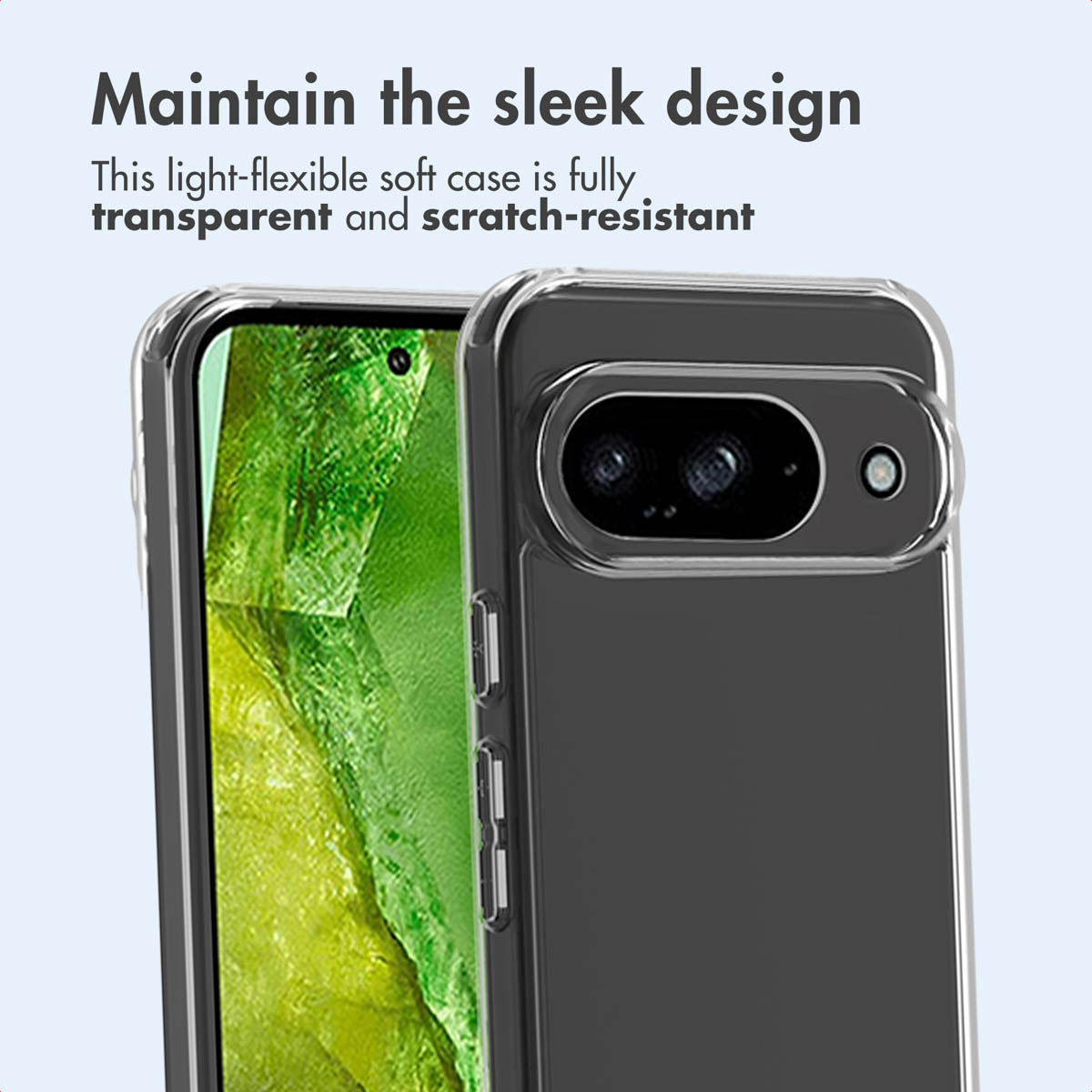Uno smartphone in una custodia protettiva trasparente e antigraffio su sfondo azzurro.