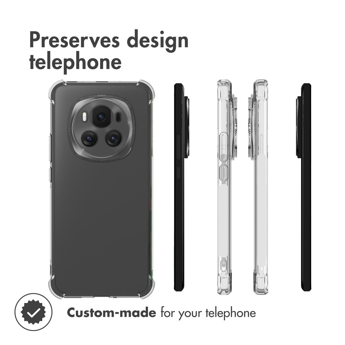 Funda protectora transparente para un smartphone mostrada desde varios ángulos con texto.