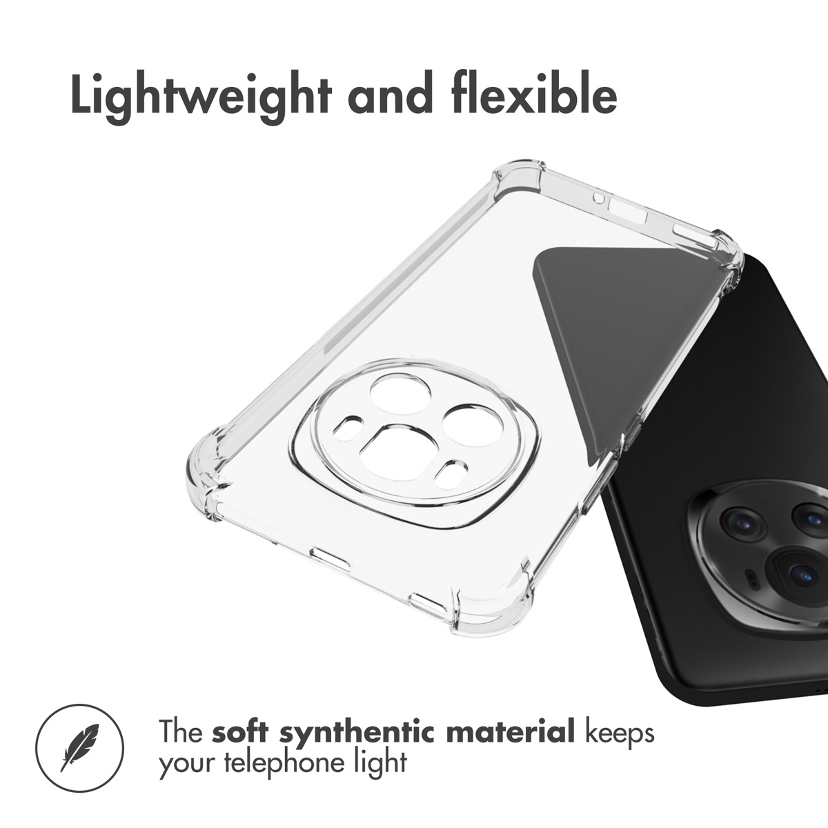 Una funda de silicona transparente y flexible junto a un teléfono negro, con texto que destaca su diseño ligero.
