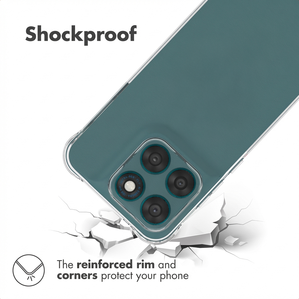 Green phone case with quad camera above shattered white ground and text Shockproof.