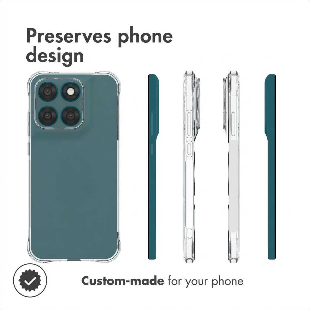A green phone case shown from multiple angles with the text Preserves phone design.