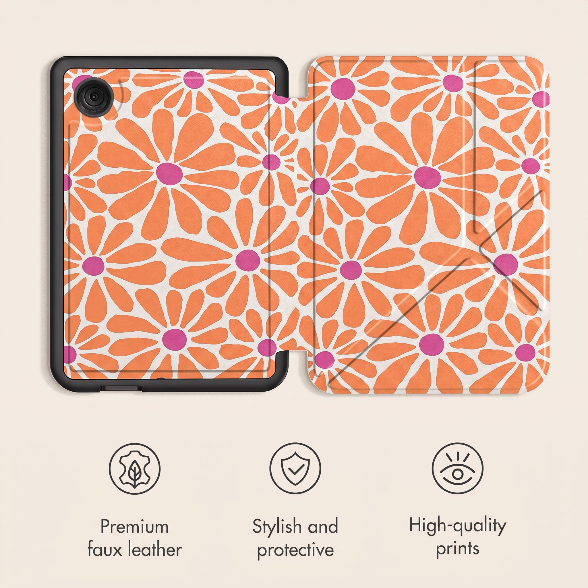 Un étui de tablette ouvert avec un motif floral rétro orange sur fond blanc. En dessous, trois icônes avec du texte.