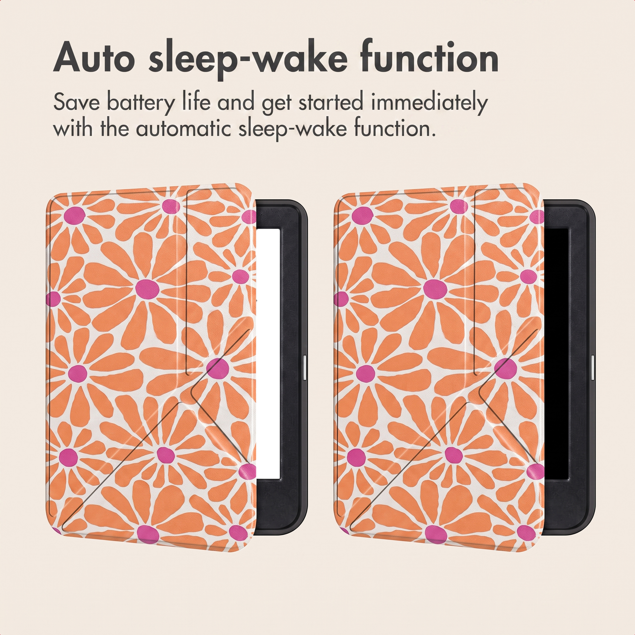 Deux liseuses avec un motif floral orange et blanc et une fonction de mise en veille automatique.