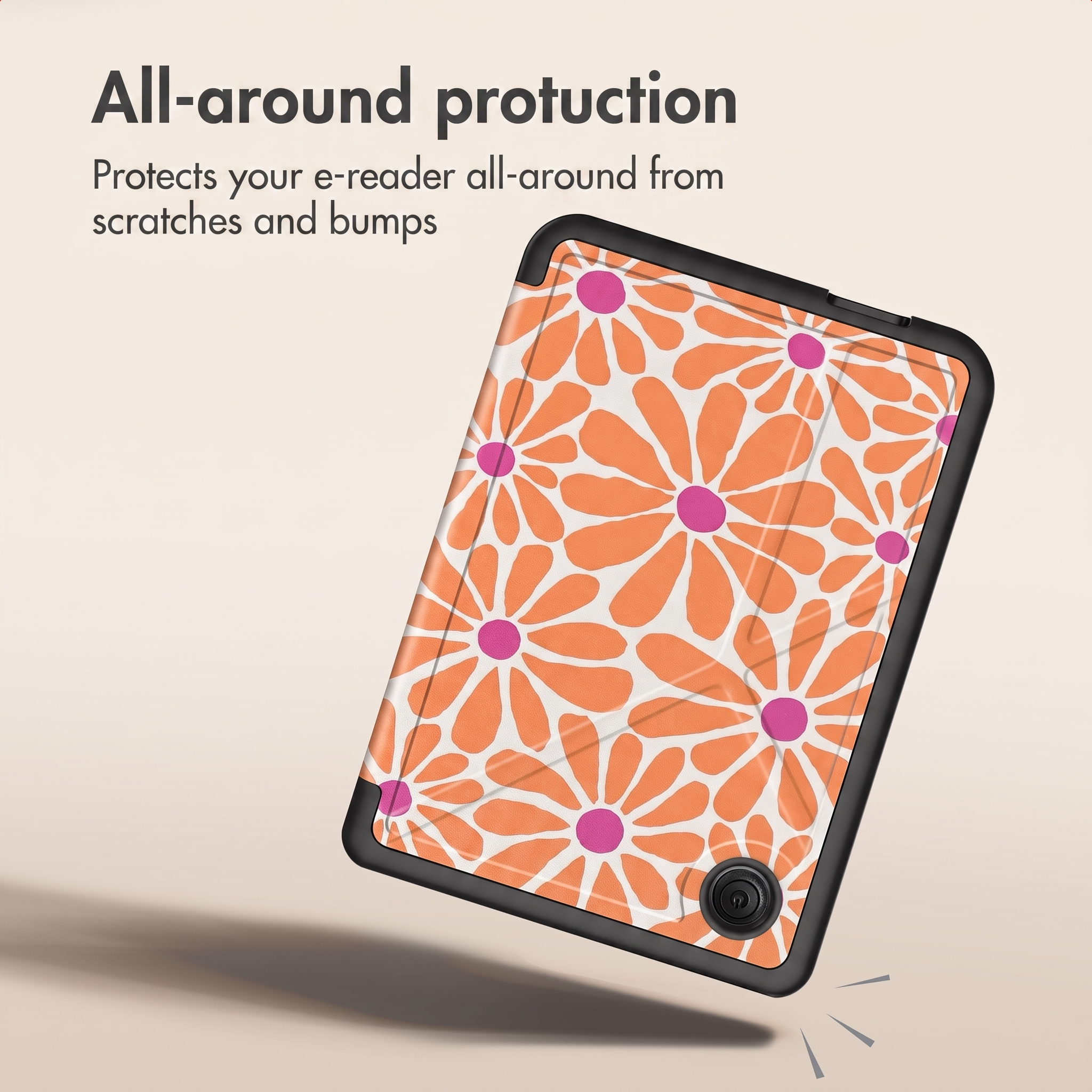 Une liseuse dans une coque de protection à motif marguerites orange sur fond crème avec du texte.