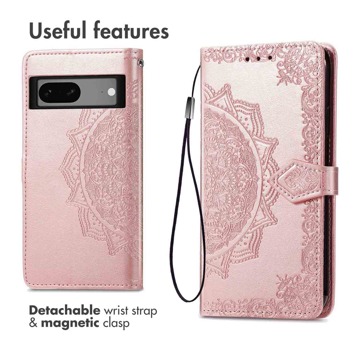 Custodia per telefono rosa con motivo mandala, cinturino e chiusura magnetica.