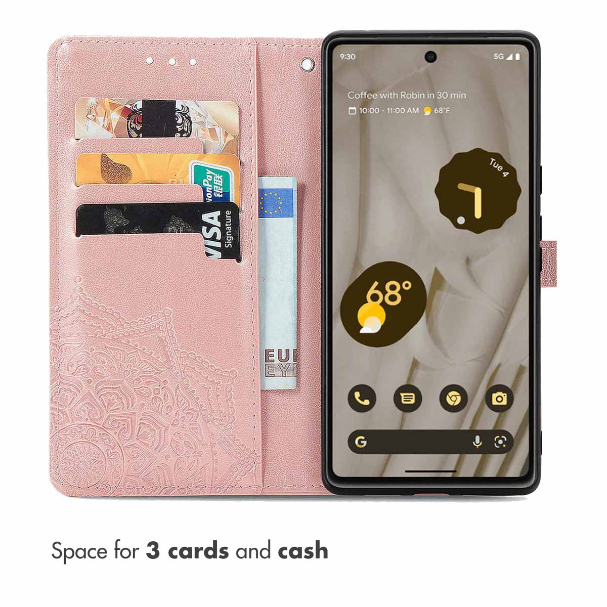 Custodia per telefono rosa con motivo mandala, tre scomparti per carte, tasca per contanti e uno smartphone.