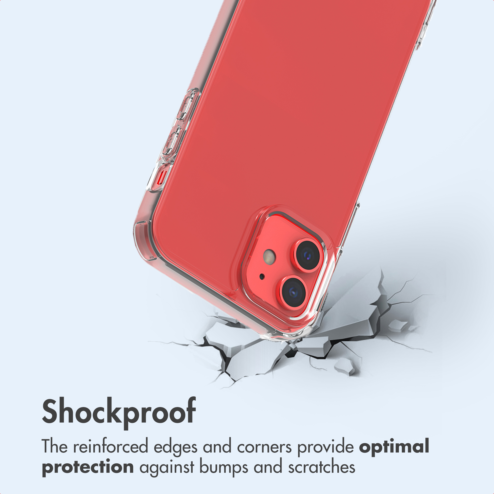 A red smartphone with a clear case hits a cracked surface. Text indicates shockproof protection.