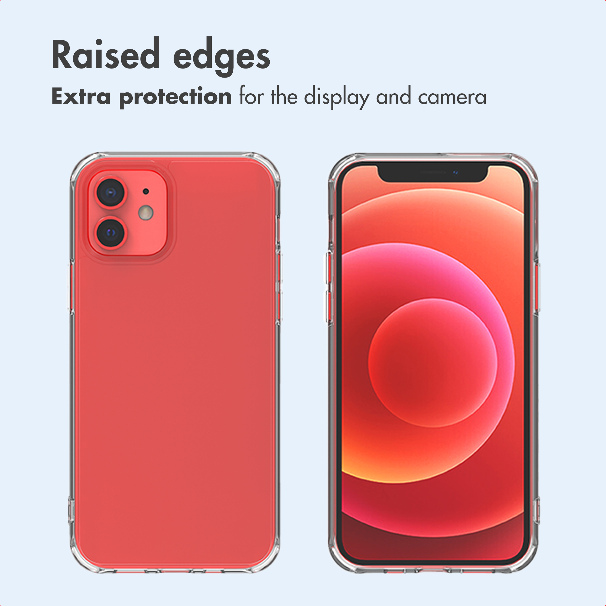 Two views of a red smartphone in a clear case with raised edges for camera and screen protection against drops.