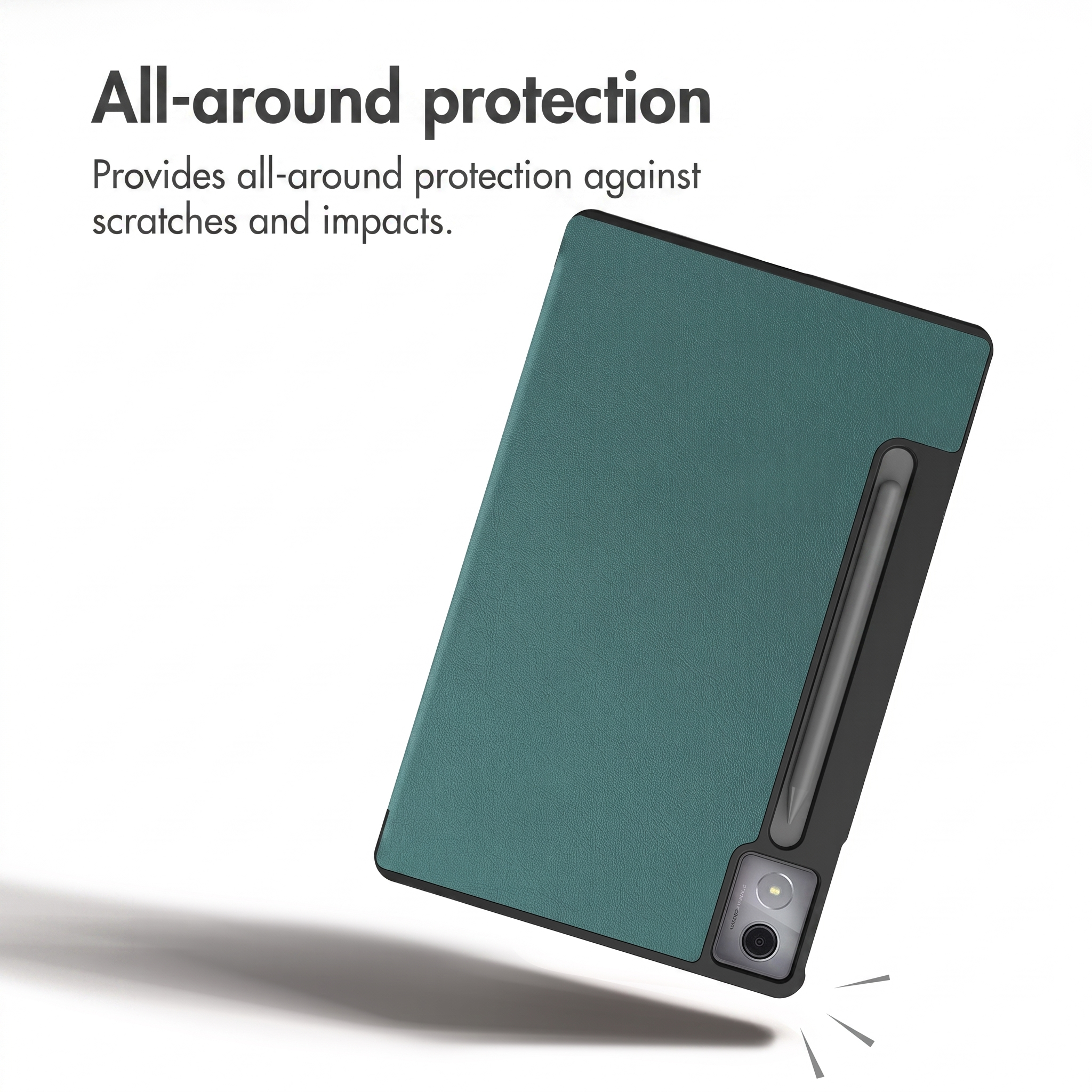 A teal tablet case with a stylus slot and camera cutout, shown against a white background with promotional text.