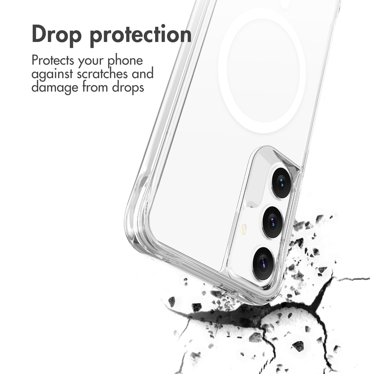 Une coque transparente avec découpes pour appareil photo et texte de protection.