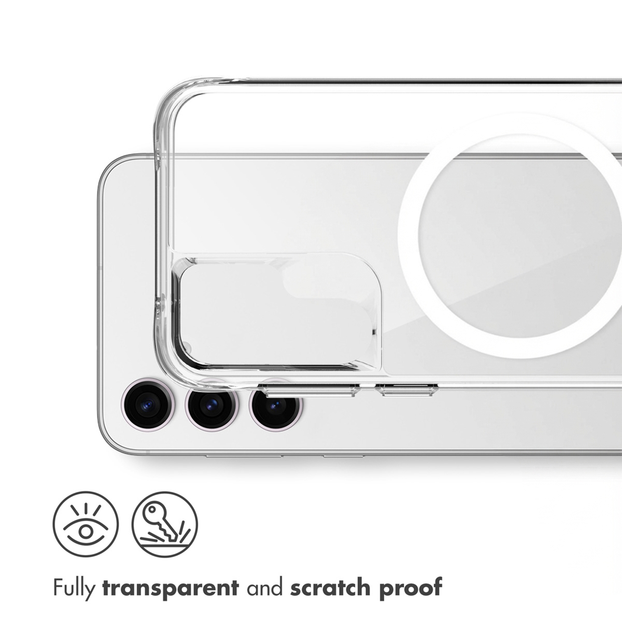 Coque de téléphone transparente avec anneau MagSafe, résistante aux rayures.