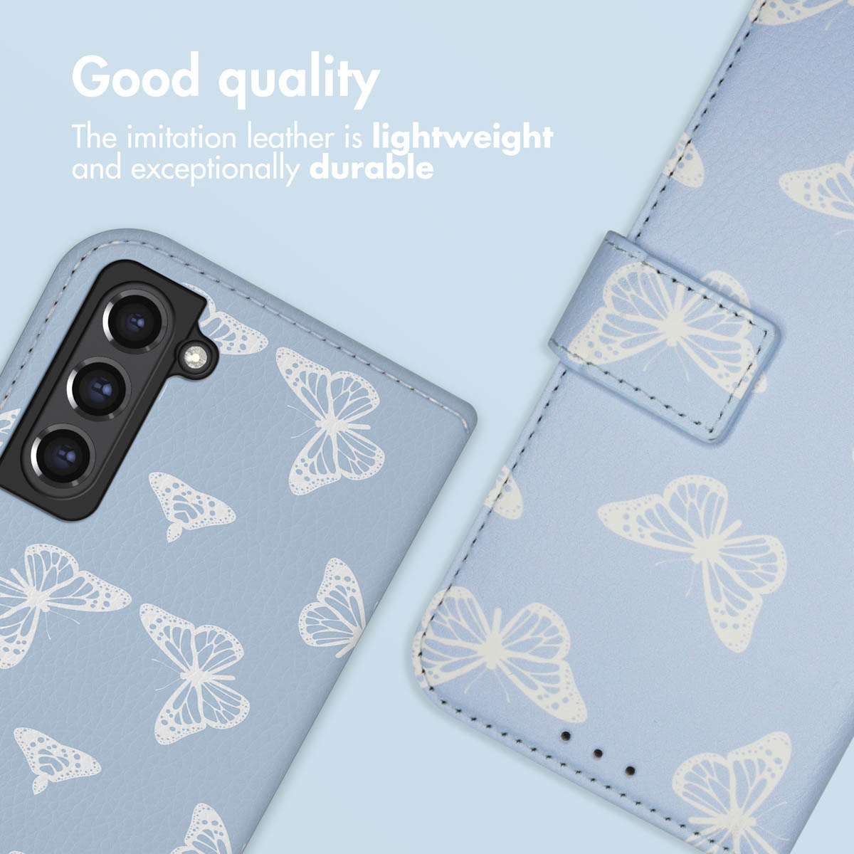 Coque de téléphone en similicuir bleu clair avec un motif de papillons blancs.
