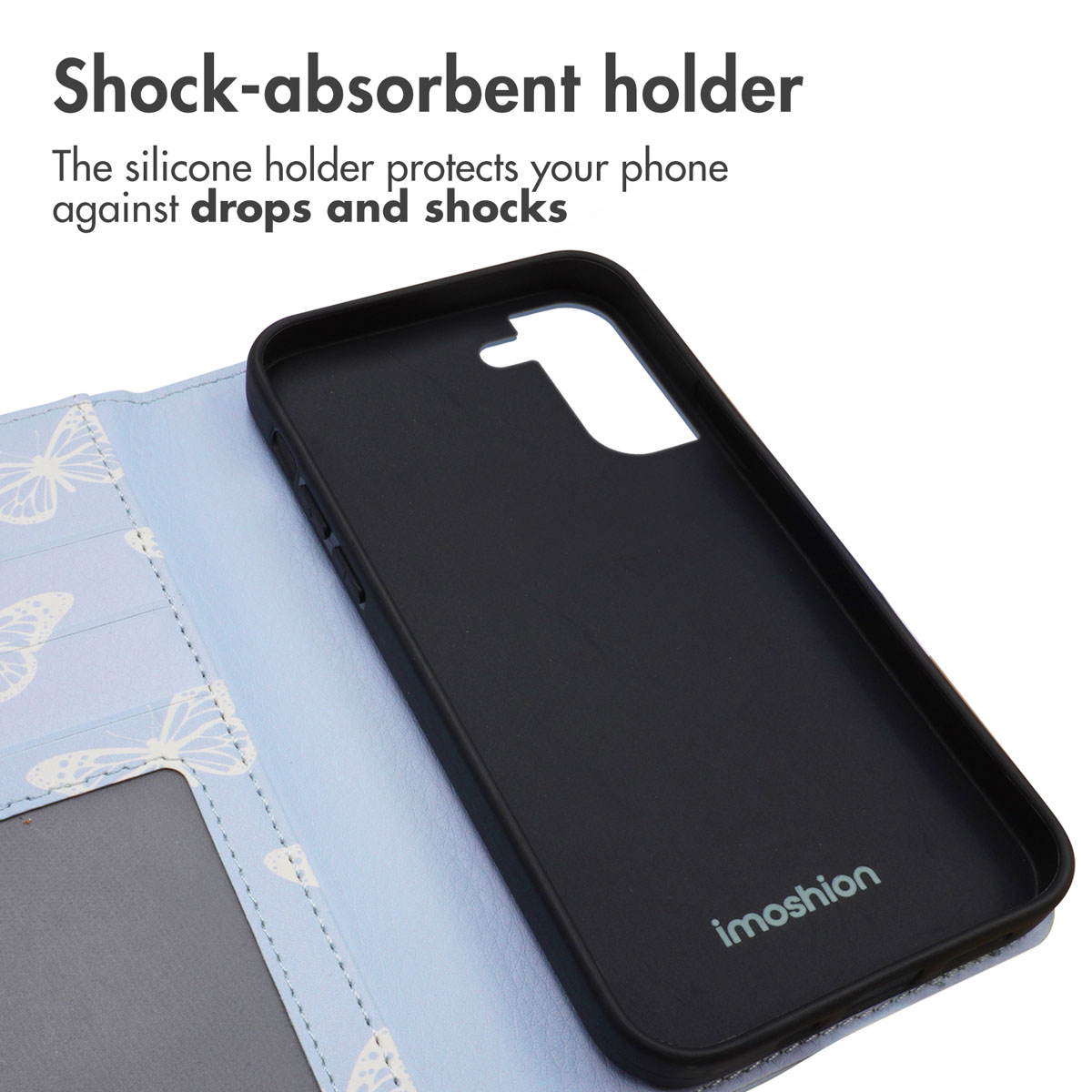 Étui de téléphone papillon bleu avec support en silicone noir absorbant les chocs.