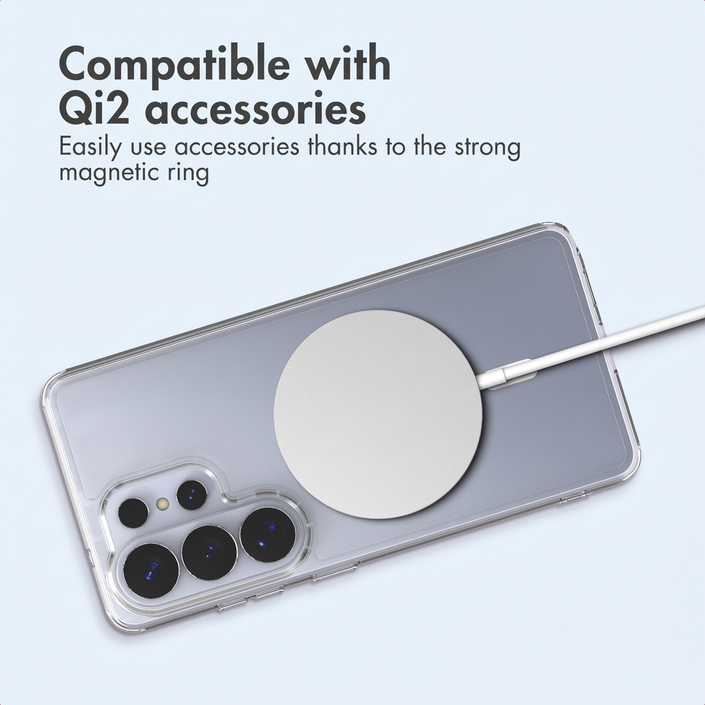 Funda transparente para teléfono con anillo magnético y cable de carga blanco sobre fondo azul claro.