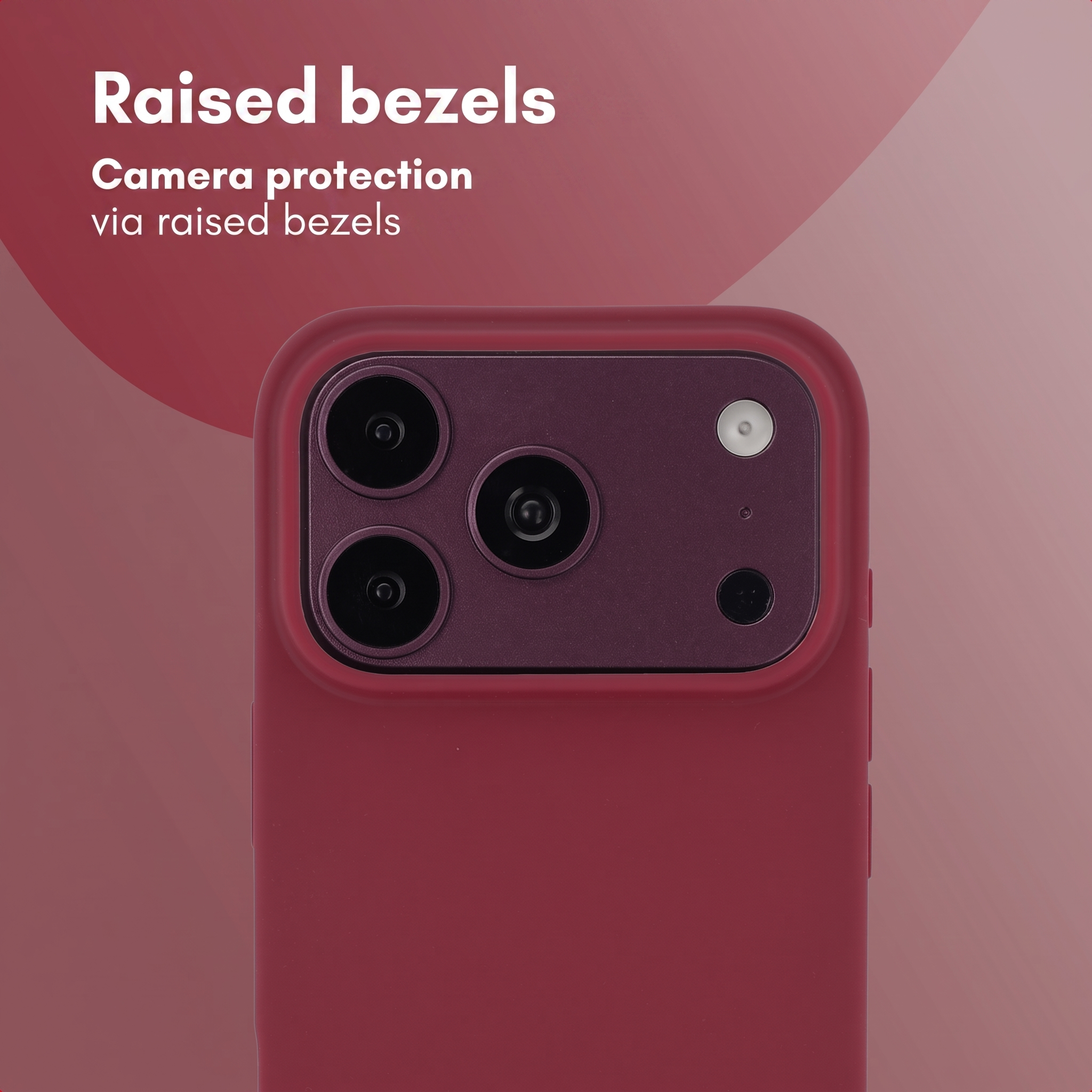 Module de caméra rouge avec bords surélevés pour protection, texte en arrière-plan.