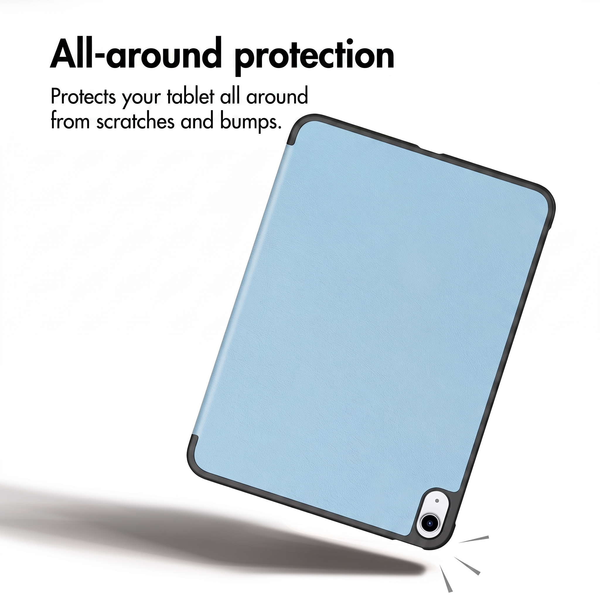 A light blue protective tablet case with a black frame on a white background.