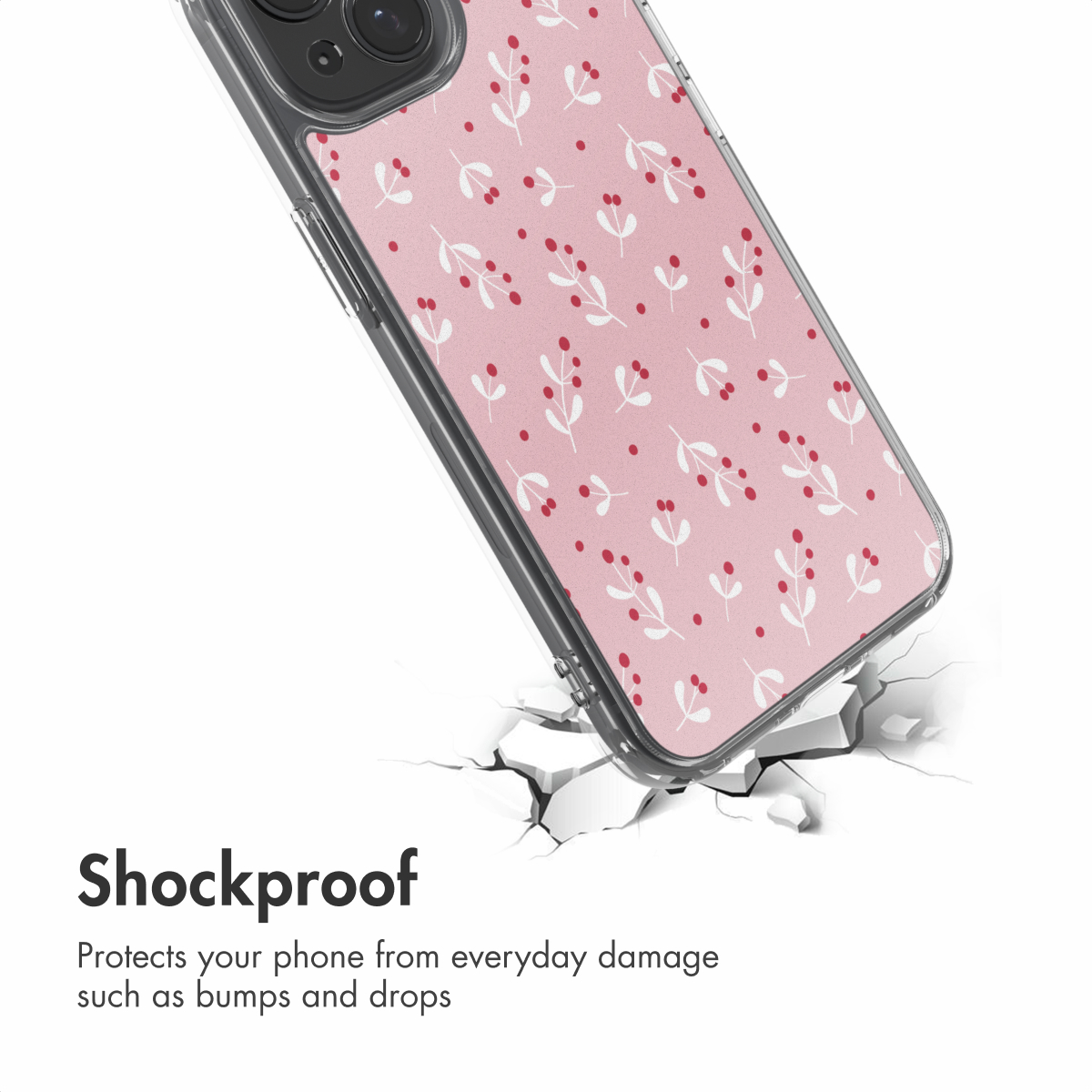 Een schokbestendig telefoonhoesje met roZE bloemen- en bessenmotief op een gebarsten witte achtergrond.