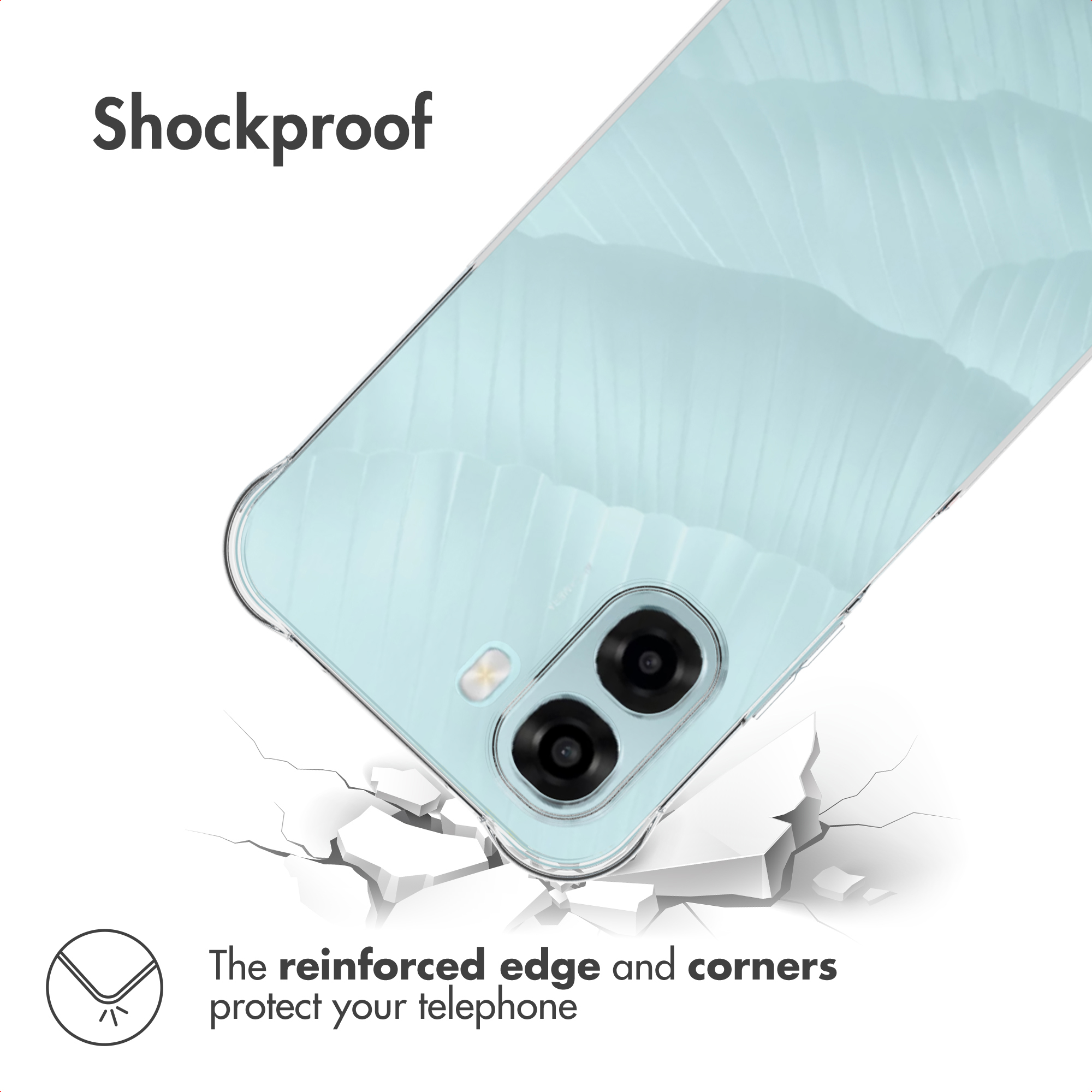 Funda de telefono azul claro a prueba de golpes con esquinas reforzadas sobre suelo agrietado.