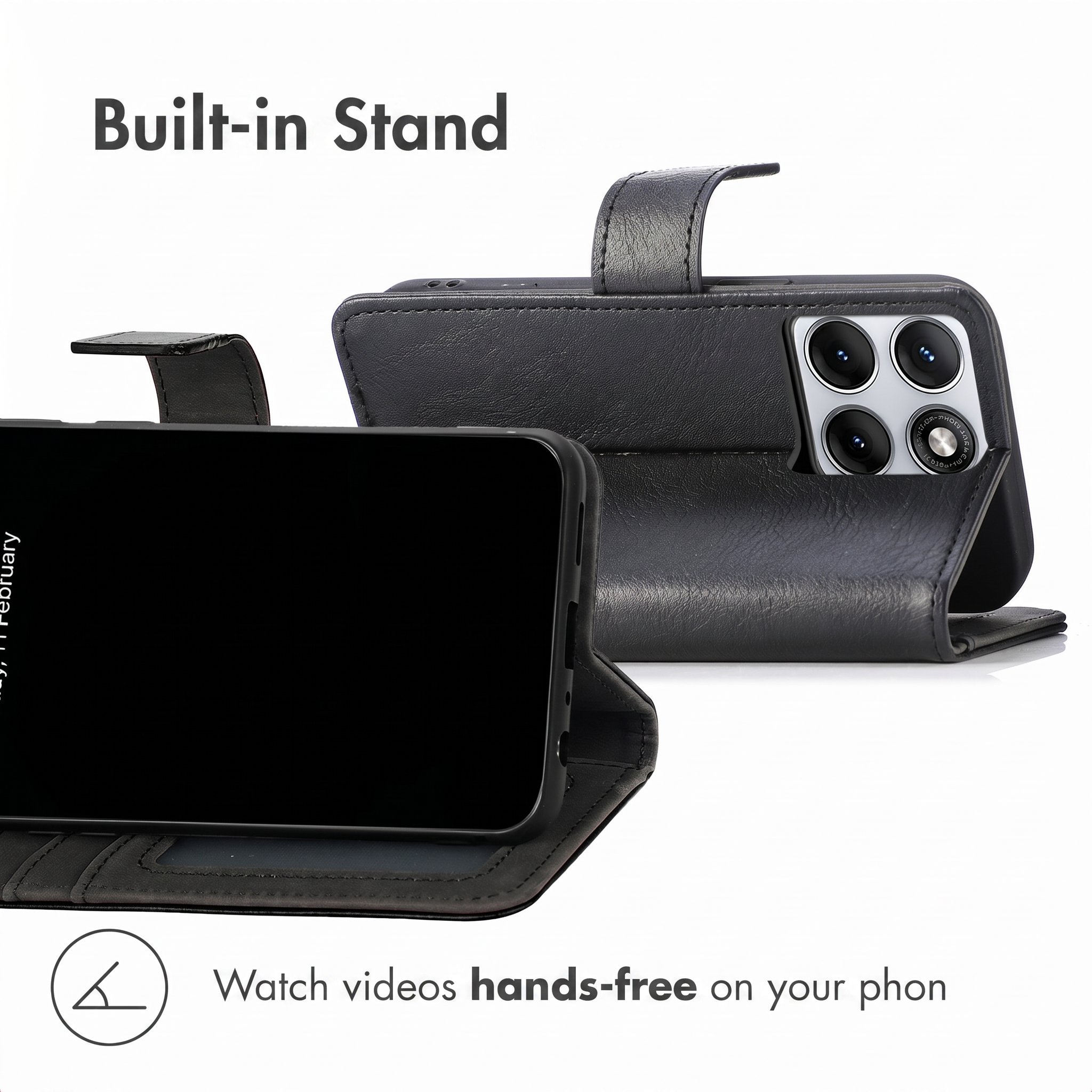 Black leather phone case with a built-in stand for hands-free viewing.