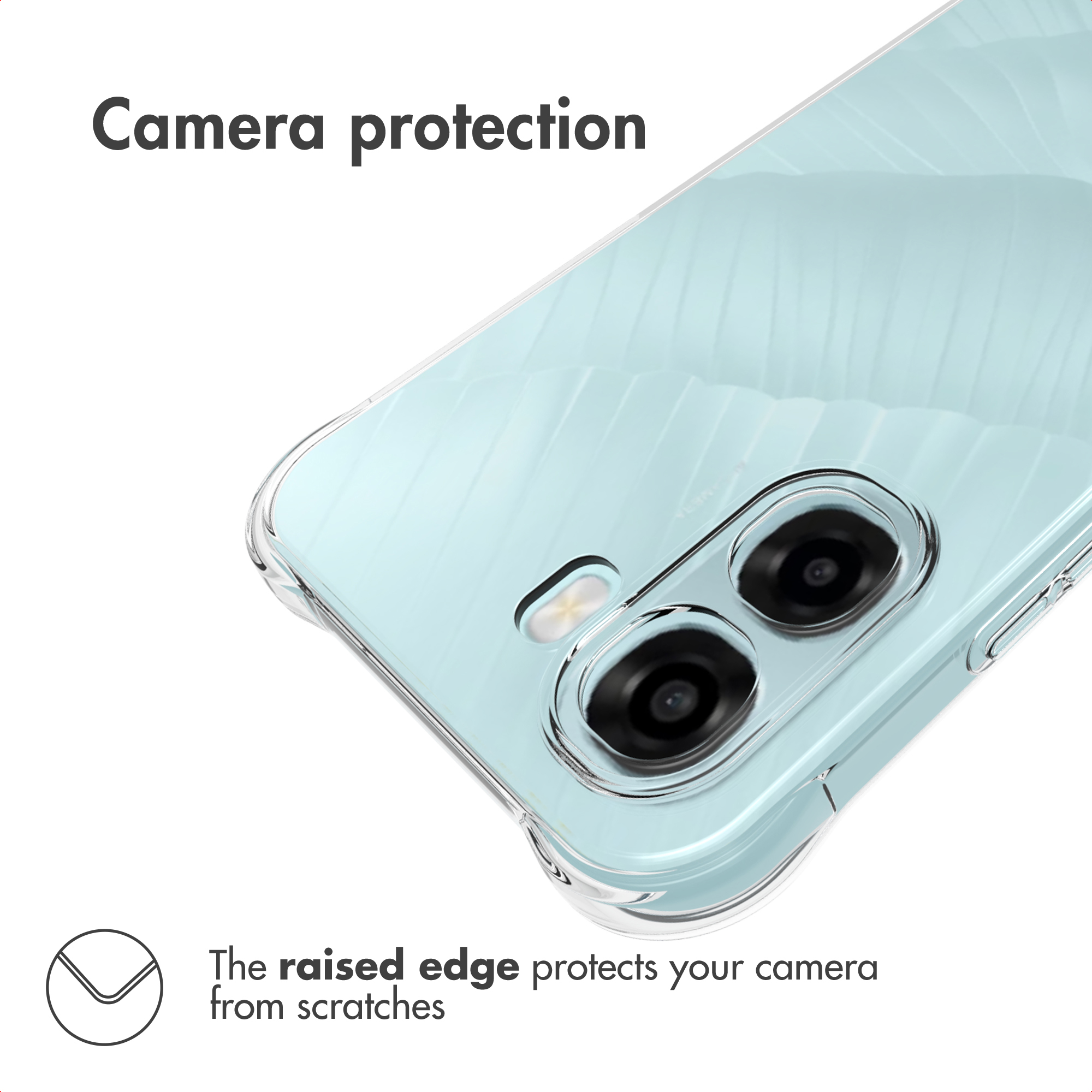 Primer plano de una funda de teléfono azul claro con borde elevado para proteger la cámara.