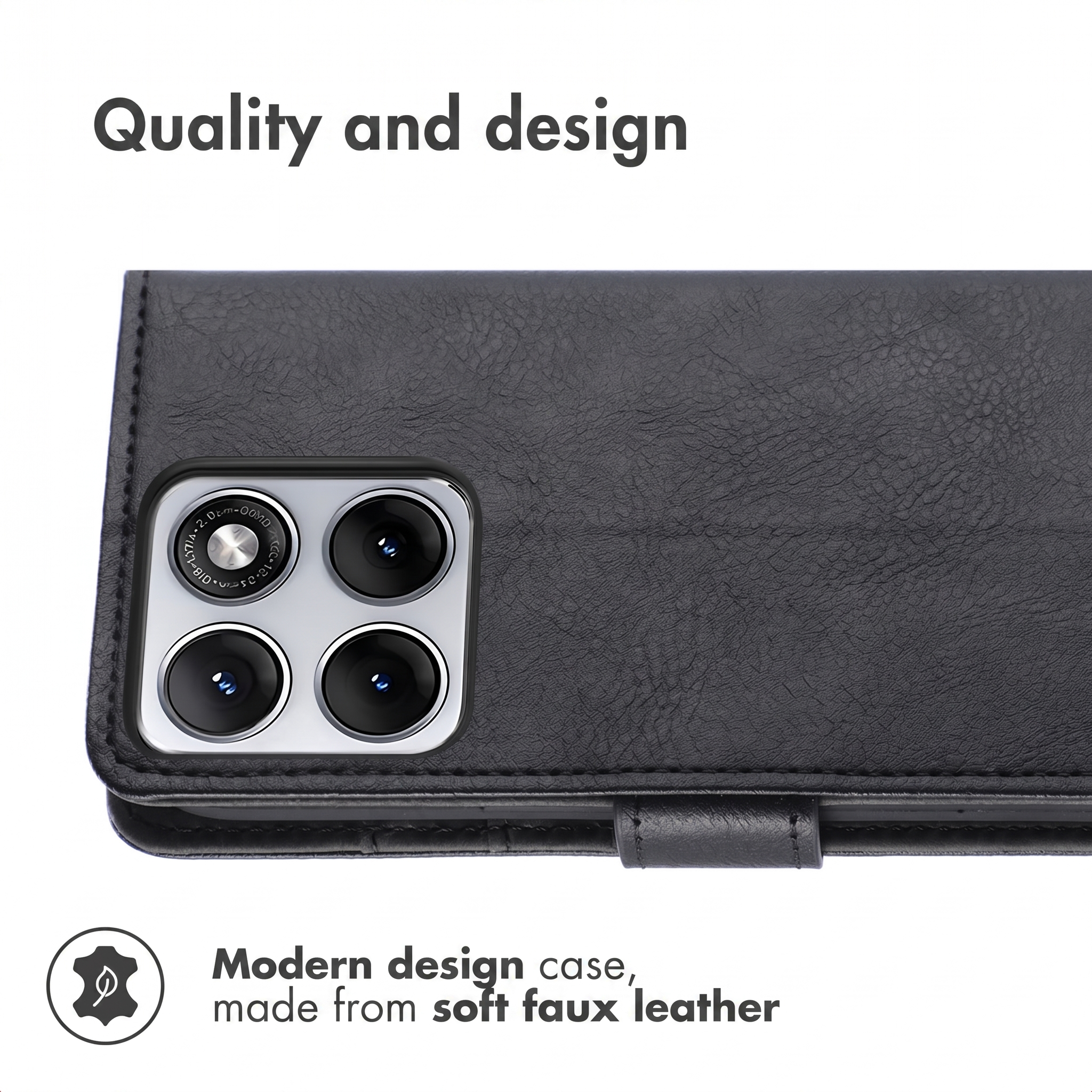 A black leather smartphone case with a square camera cutout showing four lenses, set against a white background.