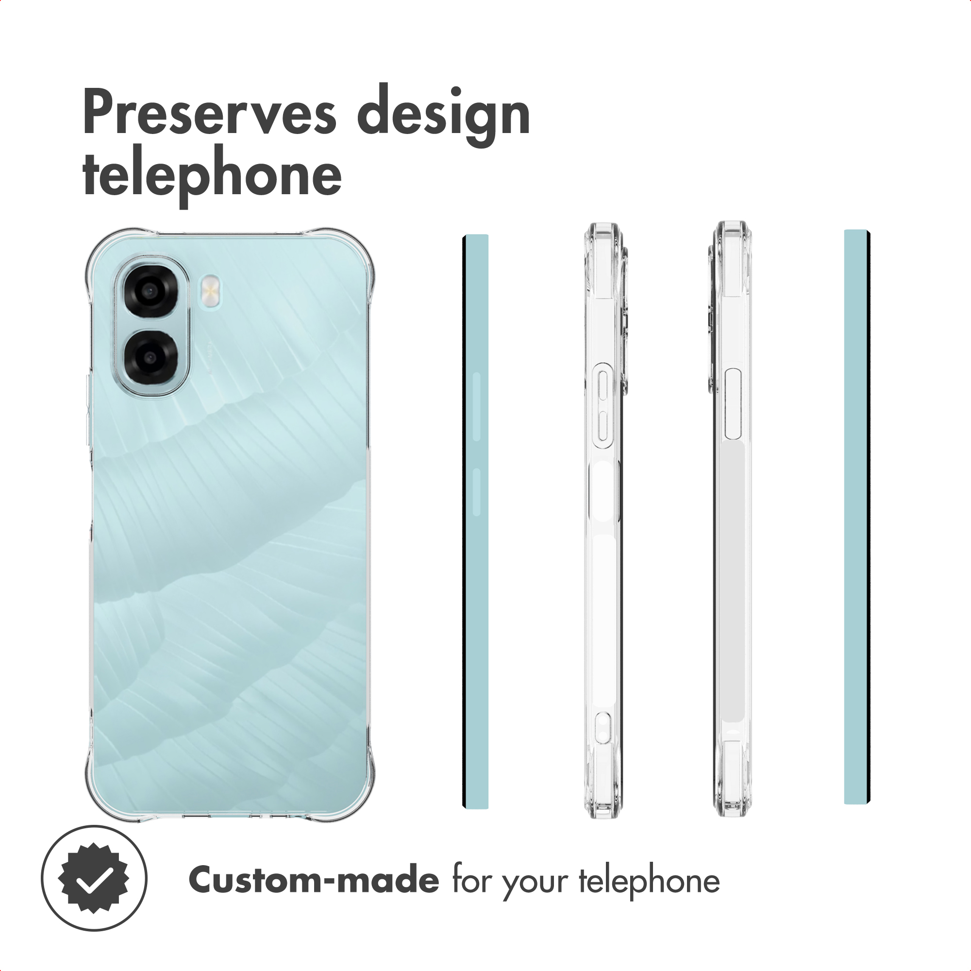 Funda transparente para teléfono que muestra varios ángulos y diseño azul claro.