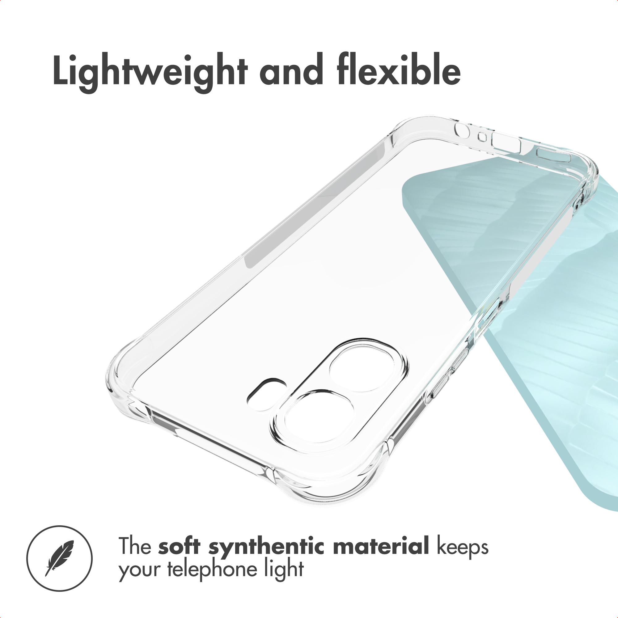 Funda transparente sobre fondo azul con texto: Lightweight and flexible.