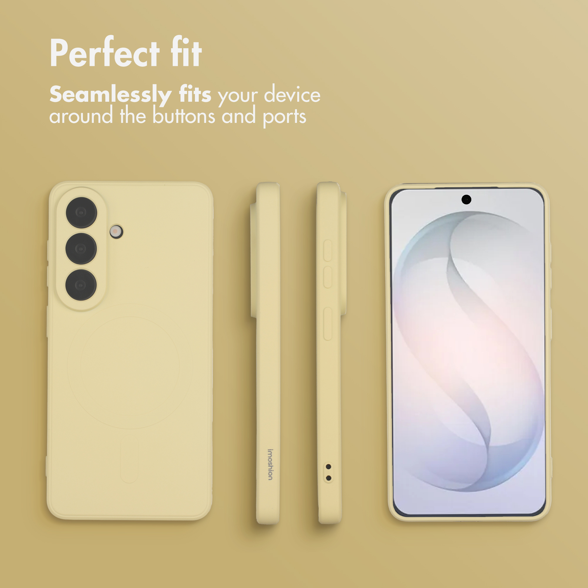 Cover per telefono gialla da più angolazioni con smartphone, testo Perfect fit.