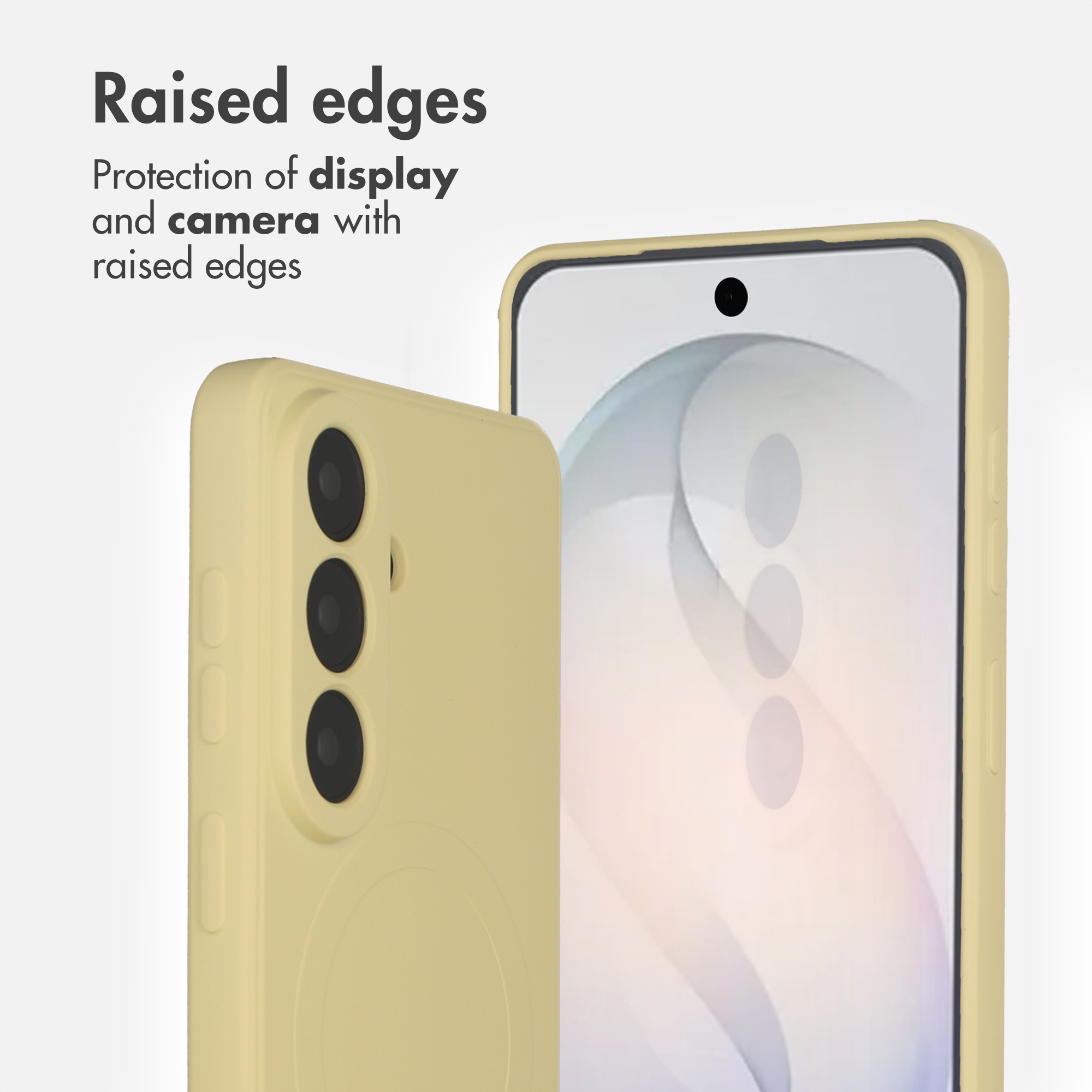 Smartphone giallo con custodia, che evidenzia i bordi rialzati per proteggere schermo e fotocamera.