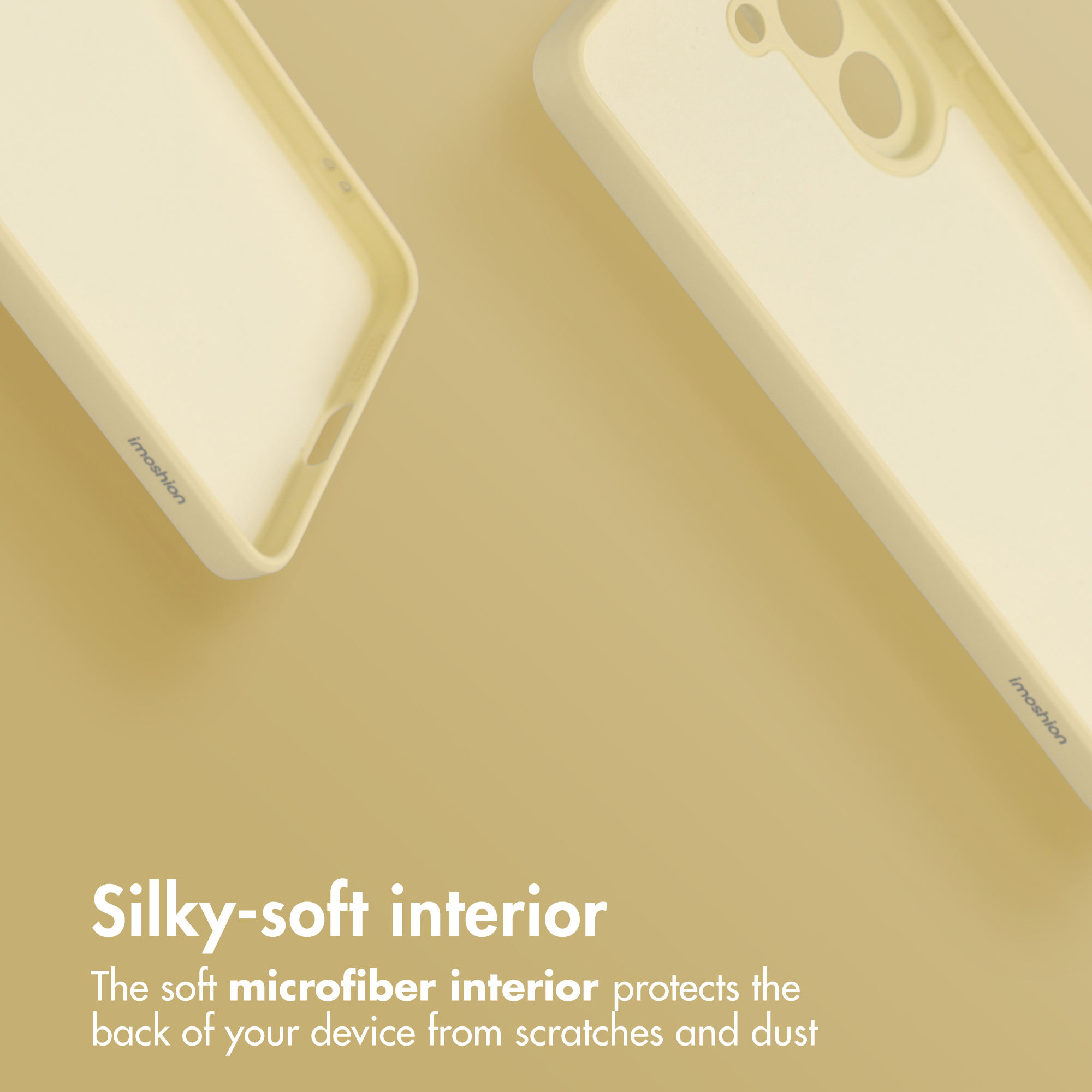 Due custodie gialle per telefono su sfondo beige con testo sull'interno morbido.
