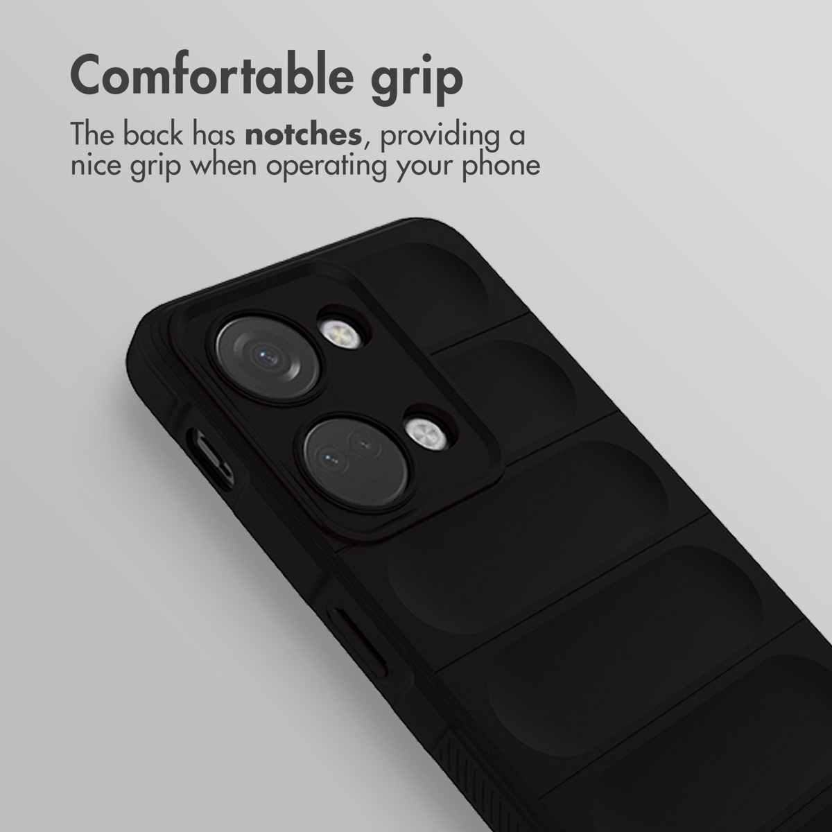 Custodia per telefono nera con modulo fotocamera e tacche di presa.