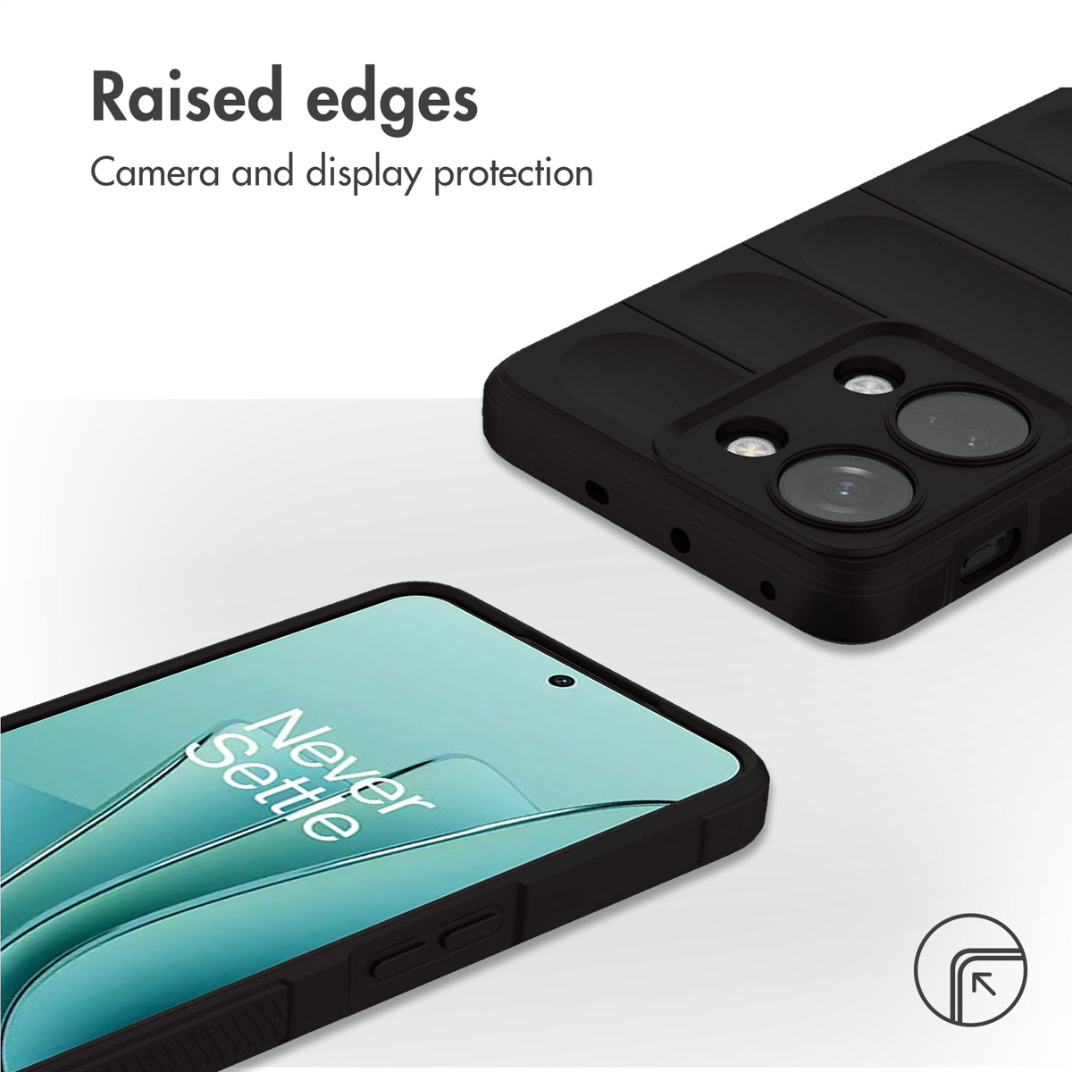 I bordi rialzati proteggono fotocamera e display di uno smartphone nero con custodia.