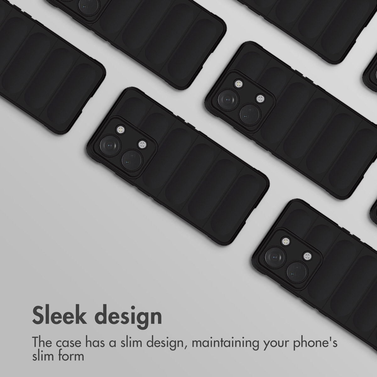 Diverse custodie nere per smartphone dal design elegante sono disposte in diagonale su uno sfondo grigio.