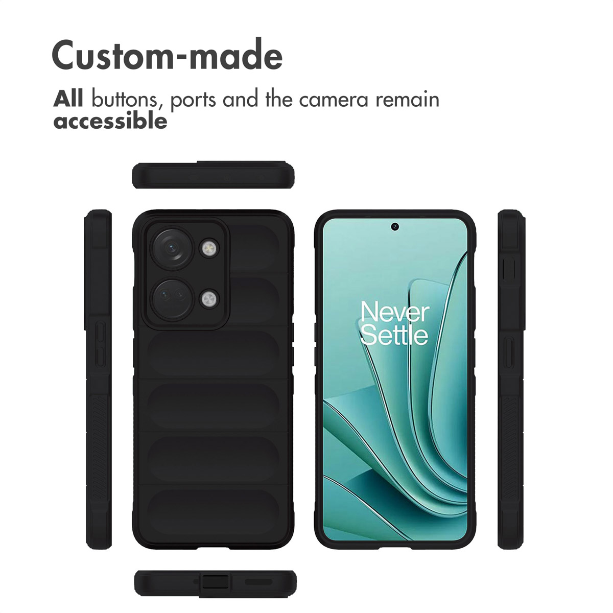 Custodita per telefono puffer nera mostrata da più angolazioni con pulsanti accessibili e testo Never Settle sullo schermo.