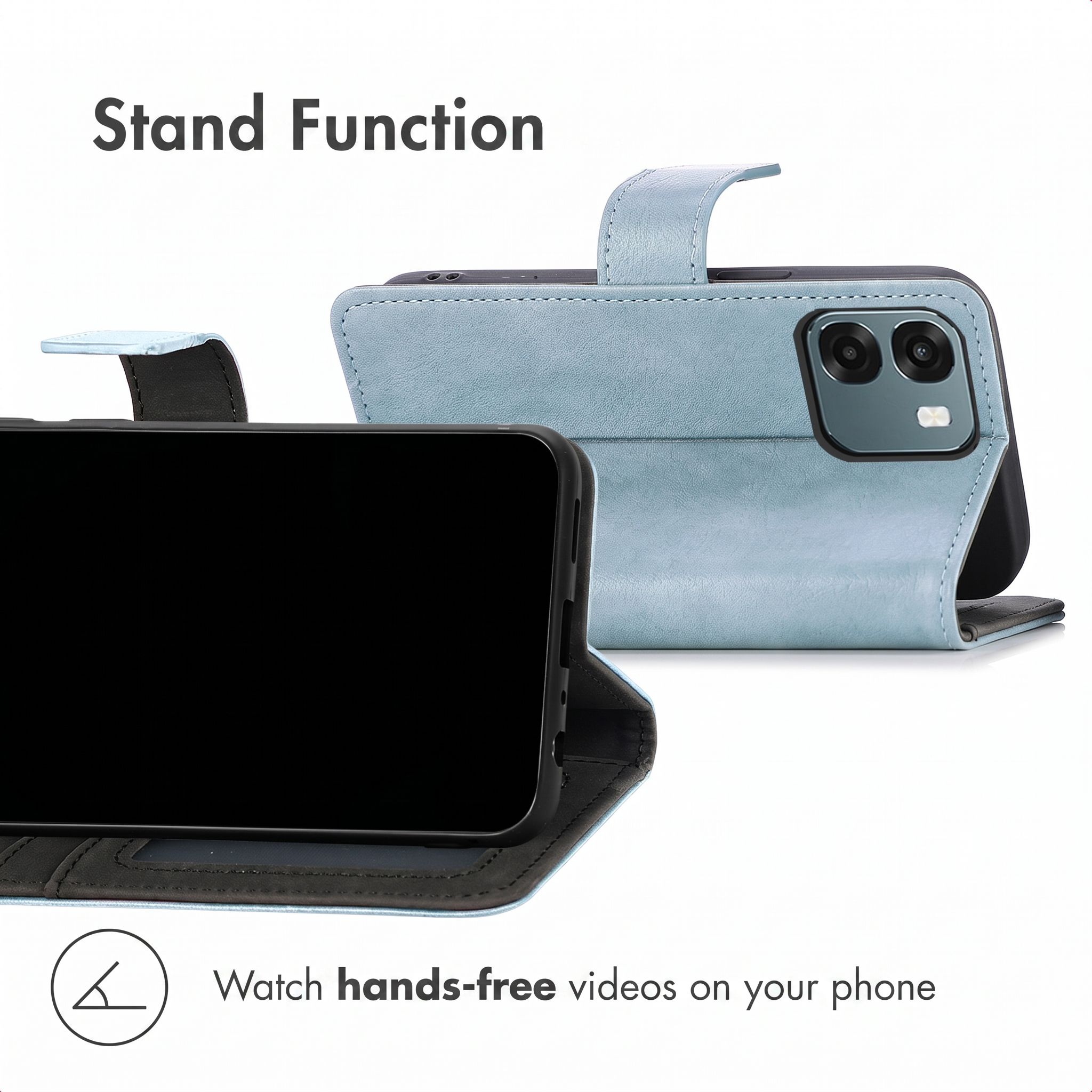 Una funda de cuero azul claro doblada como soporte, mostrando vistas frontal y trasera sobre fondo blanco.