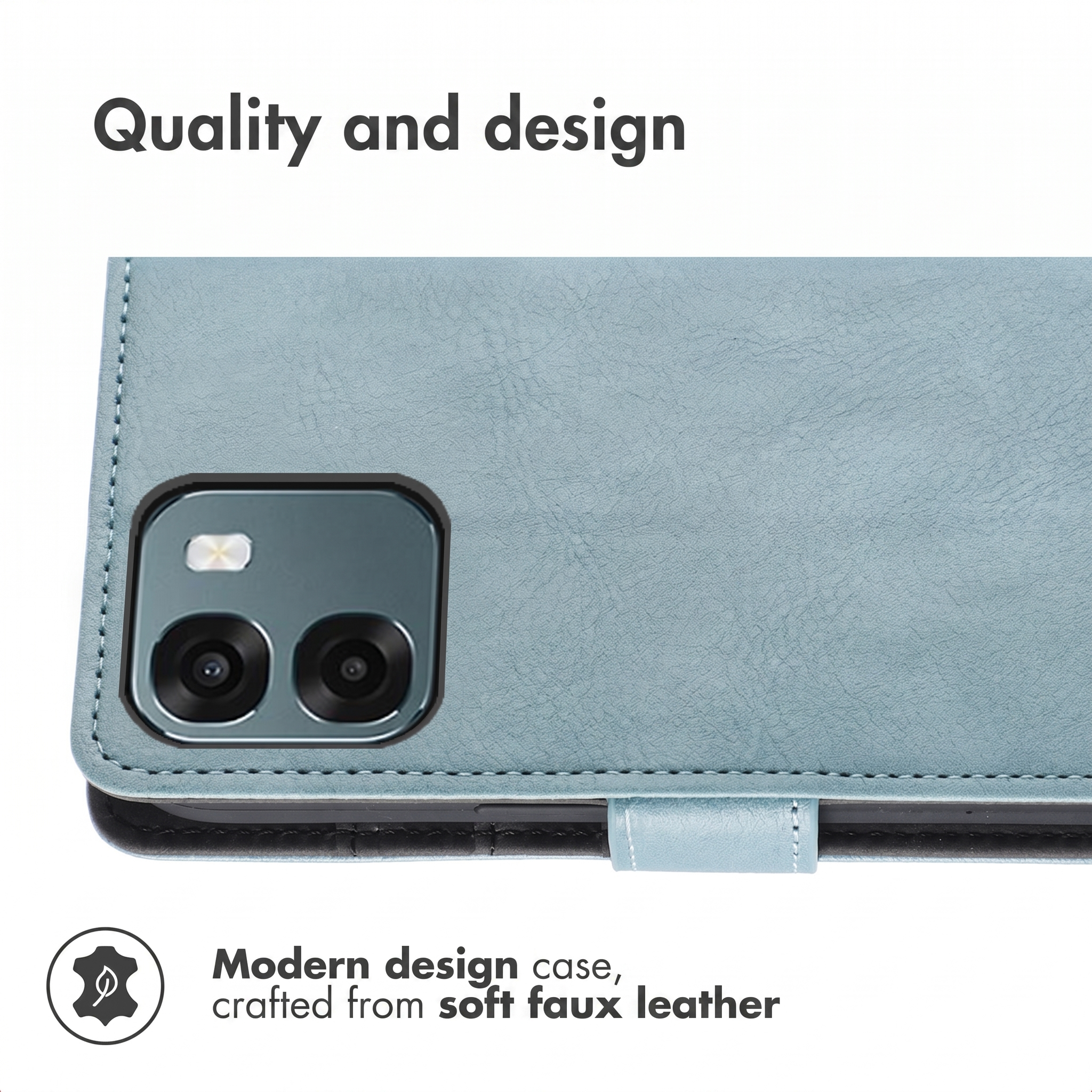Funda de cuero sintético azul para teléfono con módulo de cámara.
