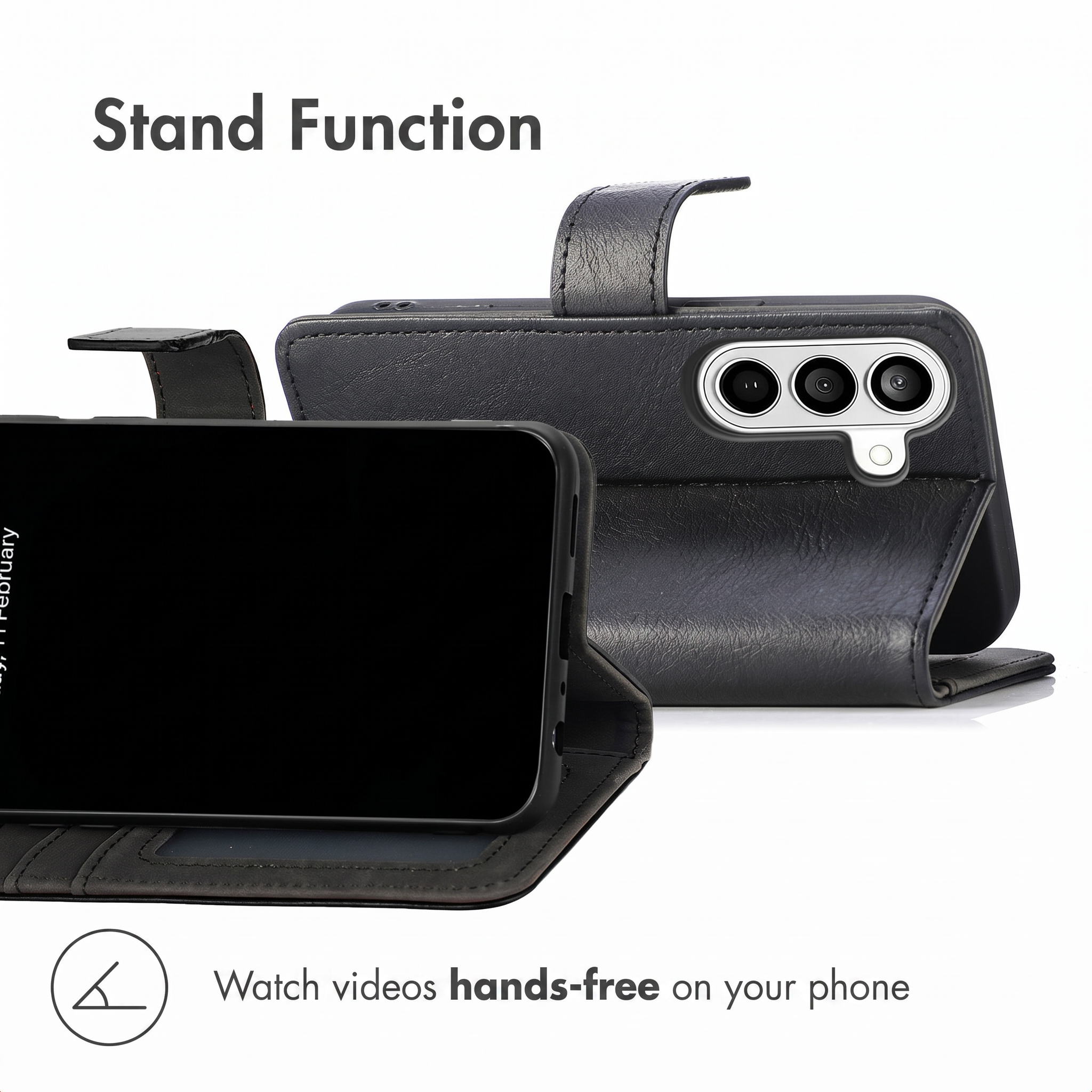 Schwarze Leder-Handyhülle mit Standfunktion zeigt die Vorder- und Rückseite eines Smartphones.