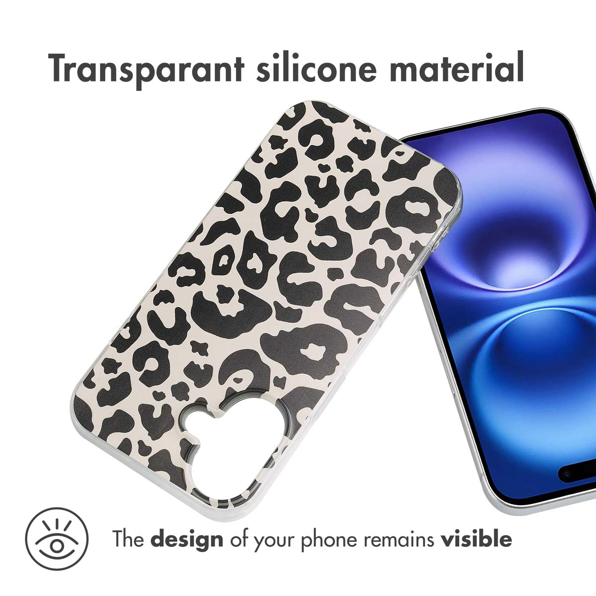Transparente Silikonhülle mit Leopardenmuster neben einem Smartphone.