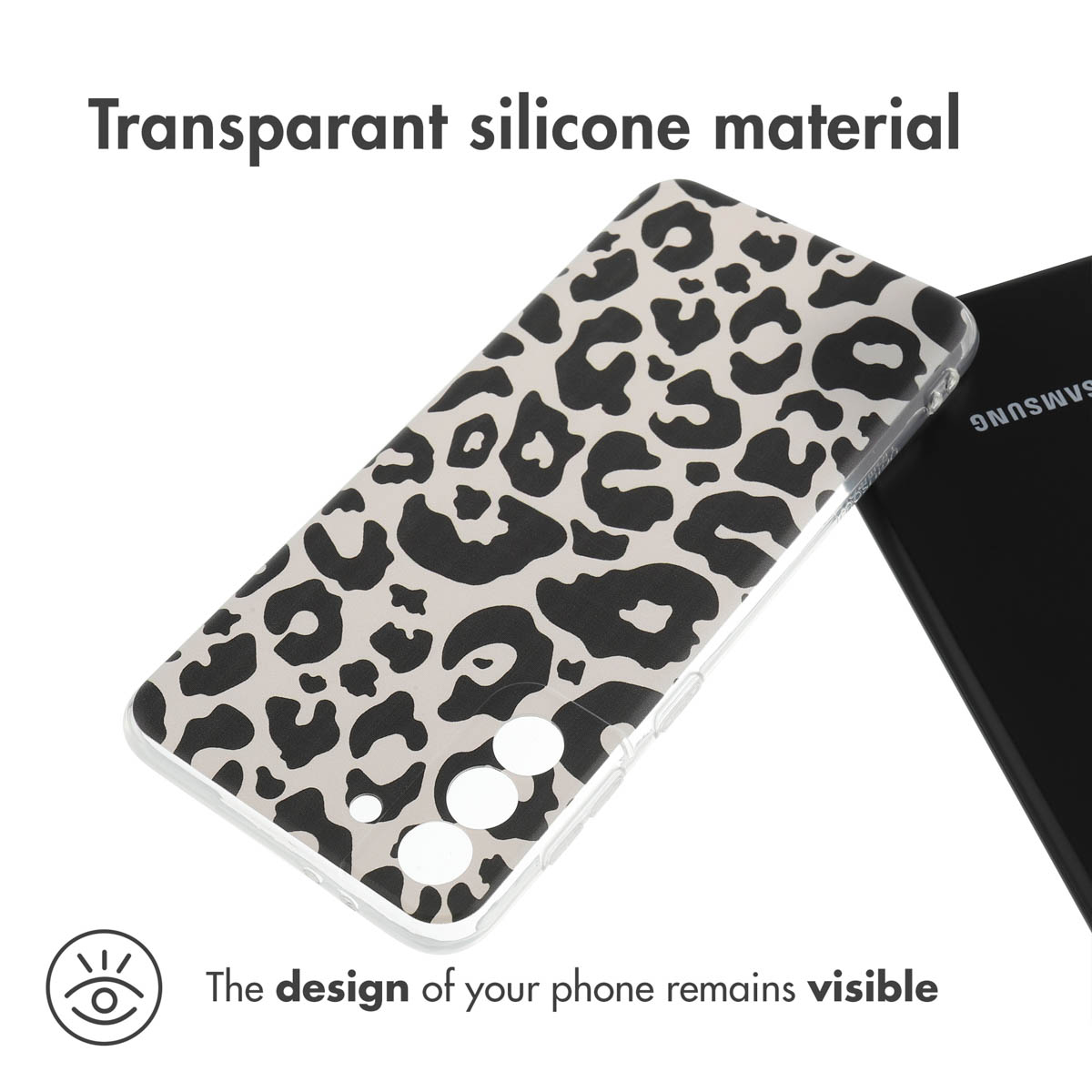 Transparente Silikon-Handyhülle mit schwarzem Leopardenmuster auf einem schwarzen Smartphone.