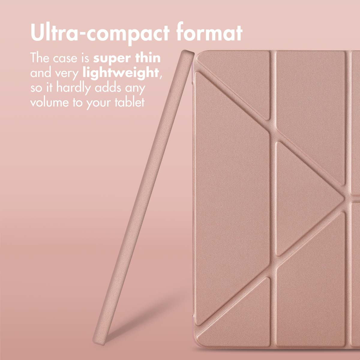 Une coque de tablette rose ultra-fine et compacte avec un motif de pliage géométrique sur fond rose.