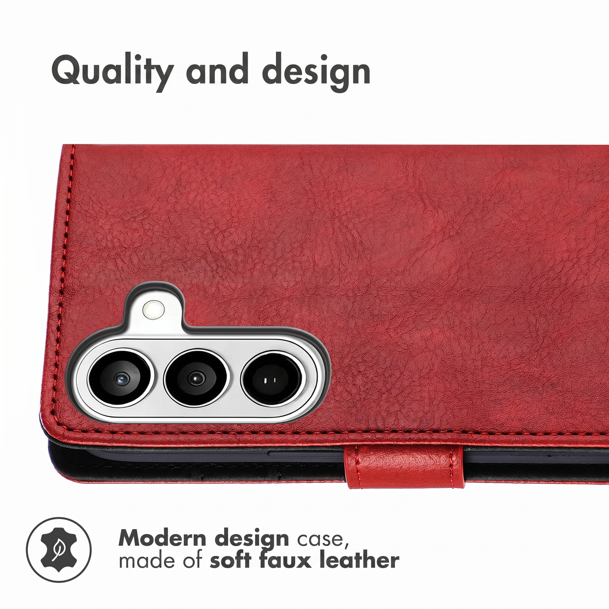 Rotes Kunstleder-Smartphone-Etui mit Kameraausschnitt und weißem Text oben und unten.