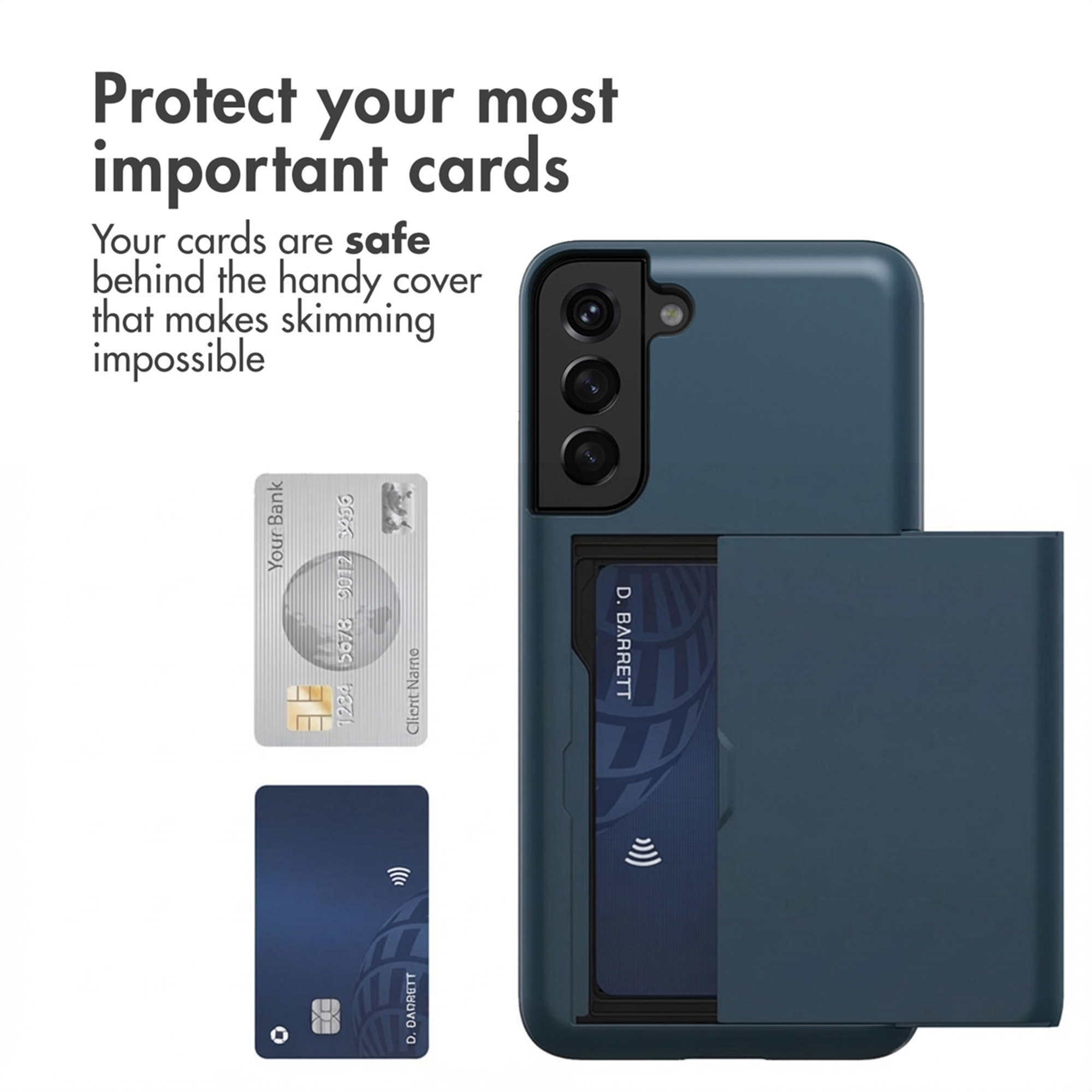 Coque de smartphone bleue avec fente pour carte intégrée et deux cartes. Texte : Protect your most important cards.