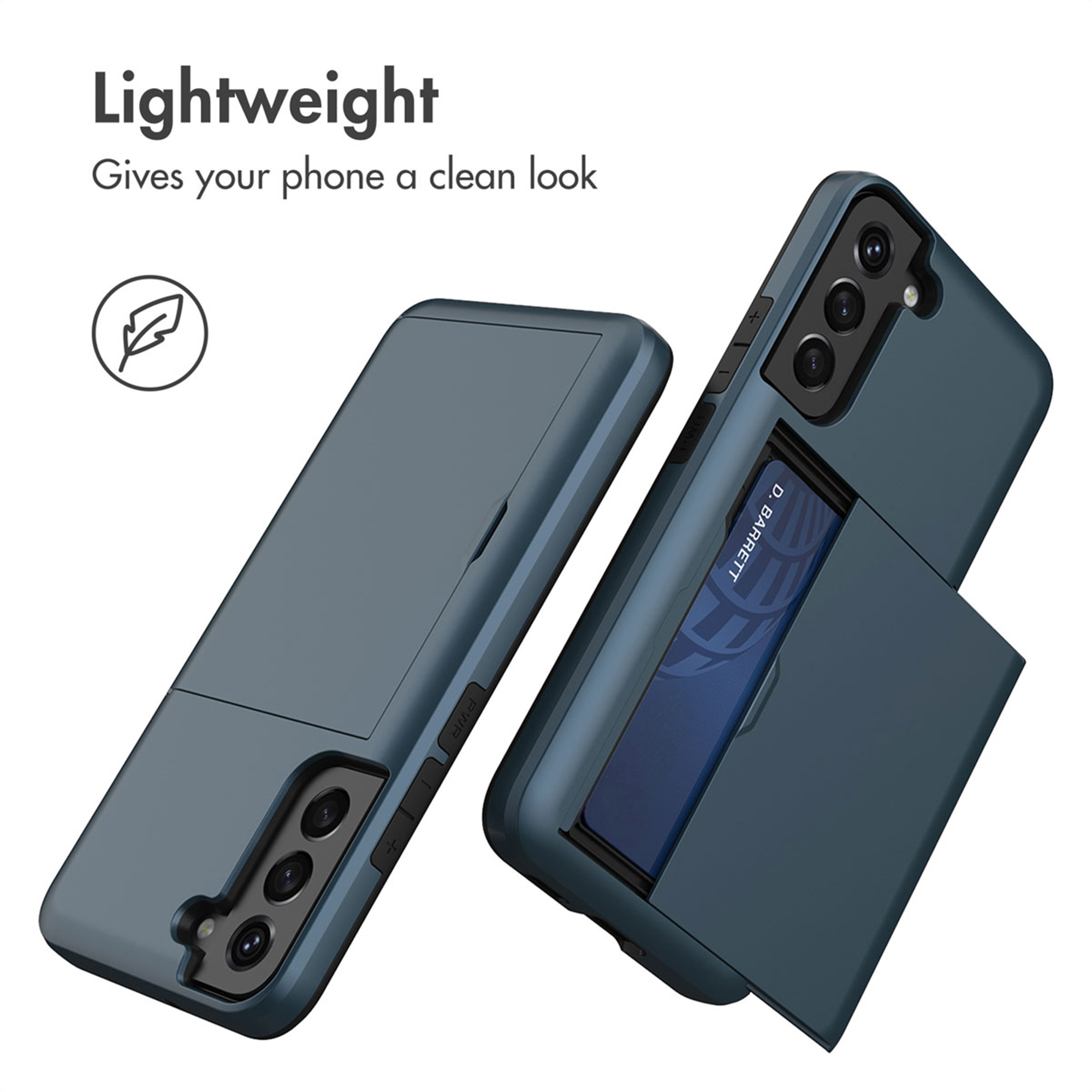 Deux coques de smartphone bleues avec porte-cartes intégré à l'arrière.